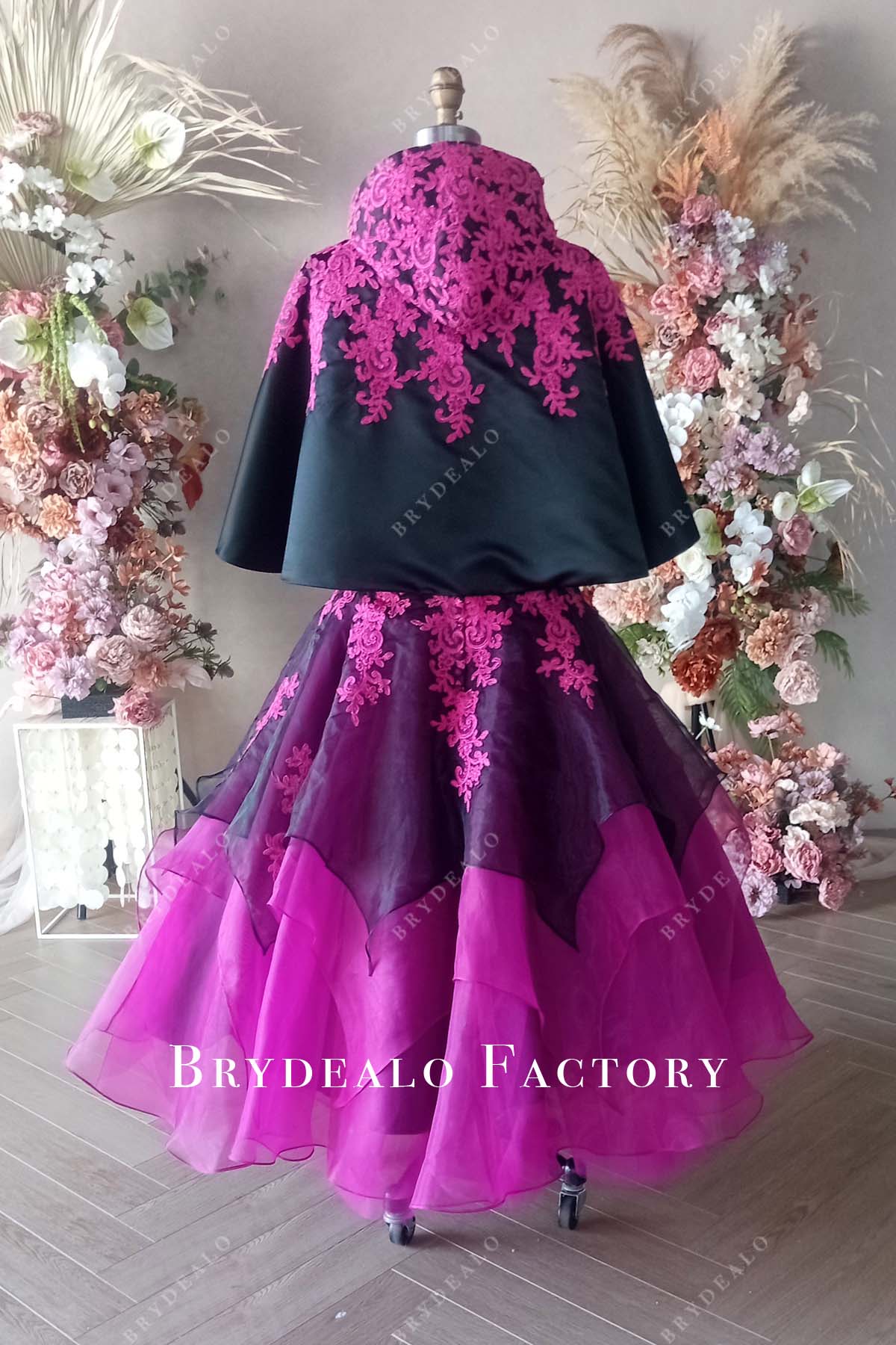 Private Label Custom Fuchsia Lace Organza Black Satin Cloak Hood Dress