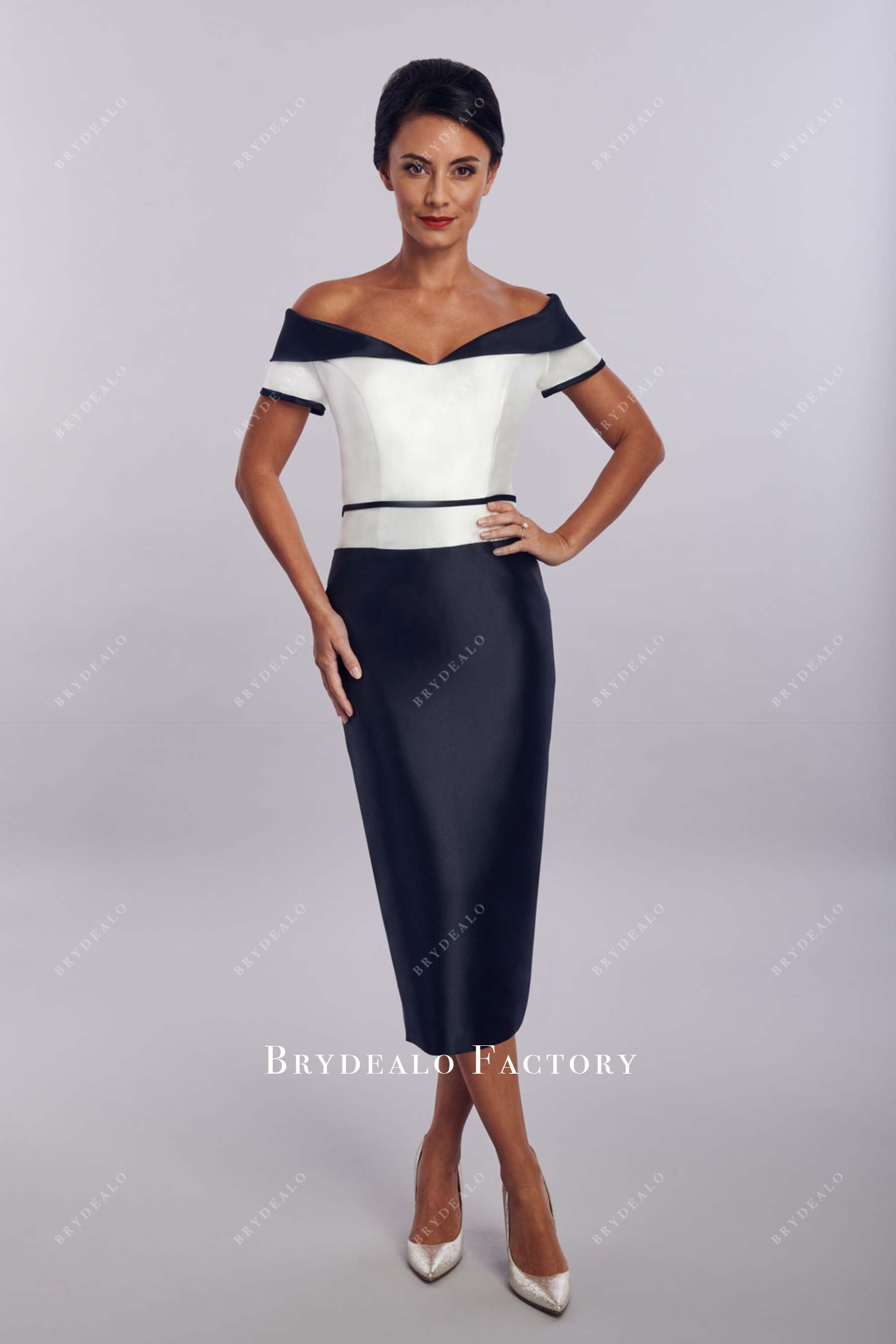 two tone off shoulder pencil mother of bride dress