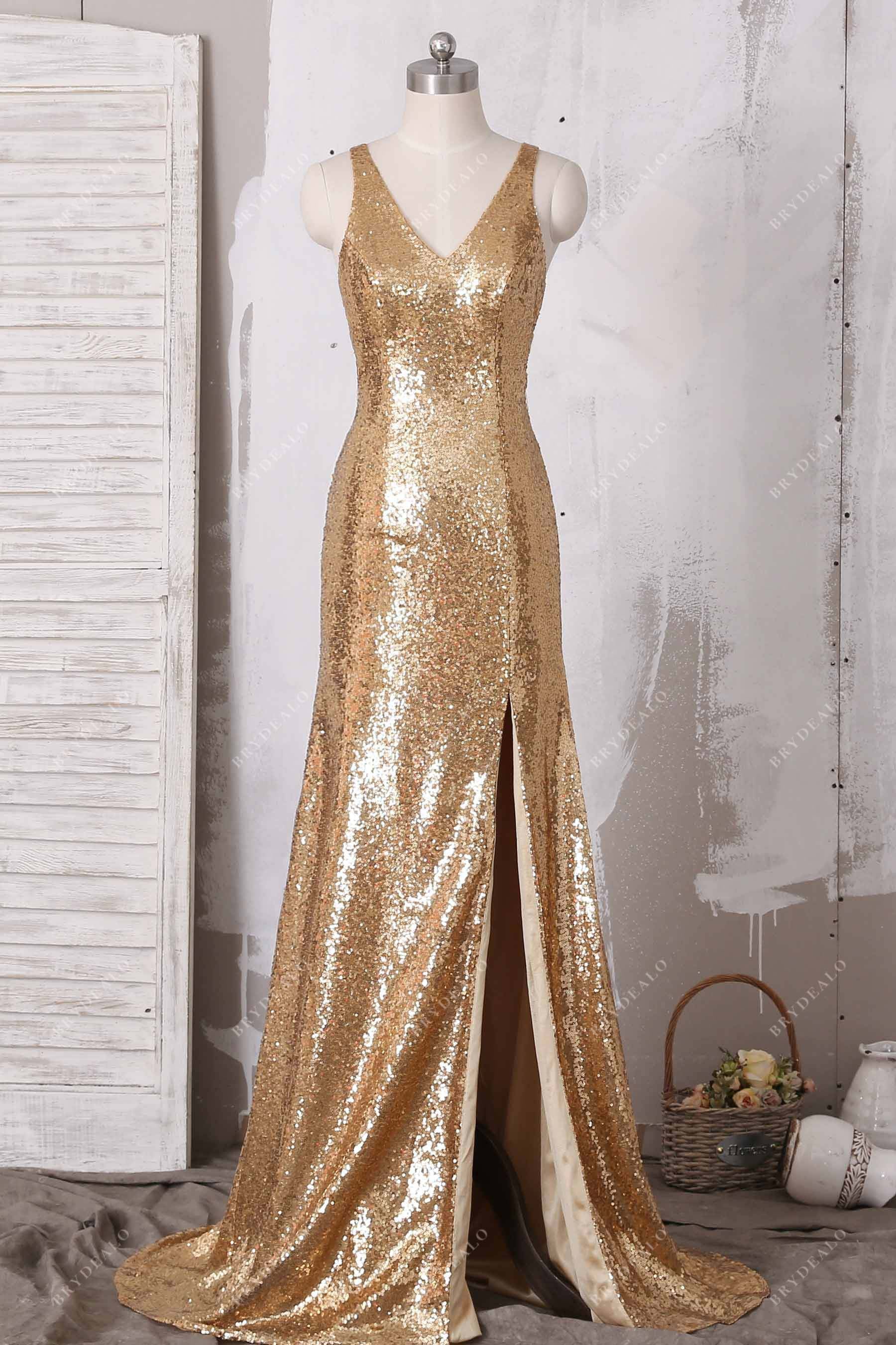 gold sequin V-neck mermaid prom dress