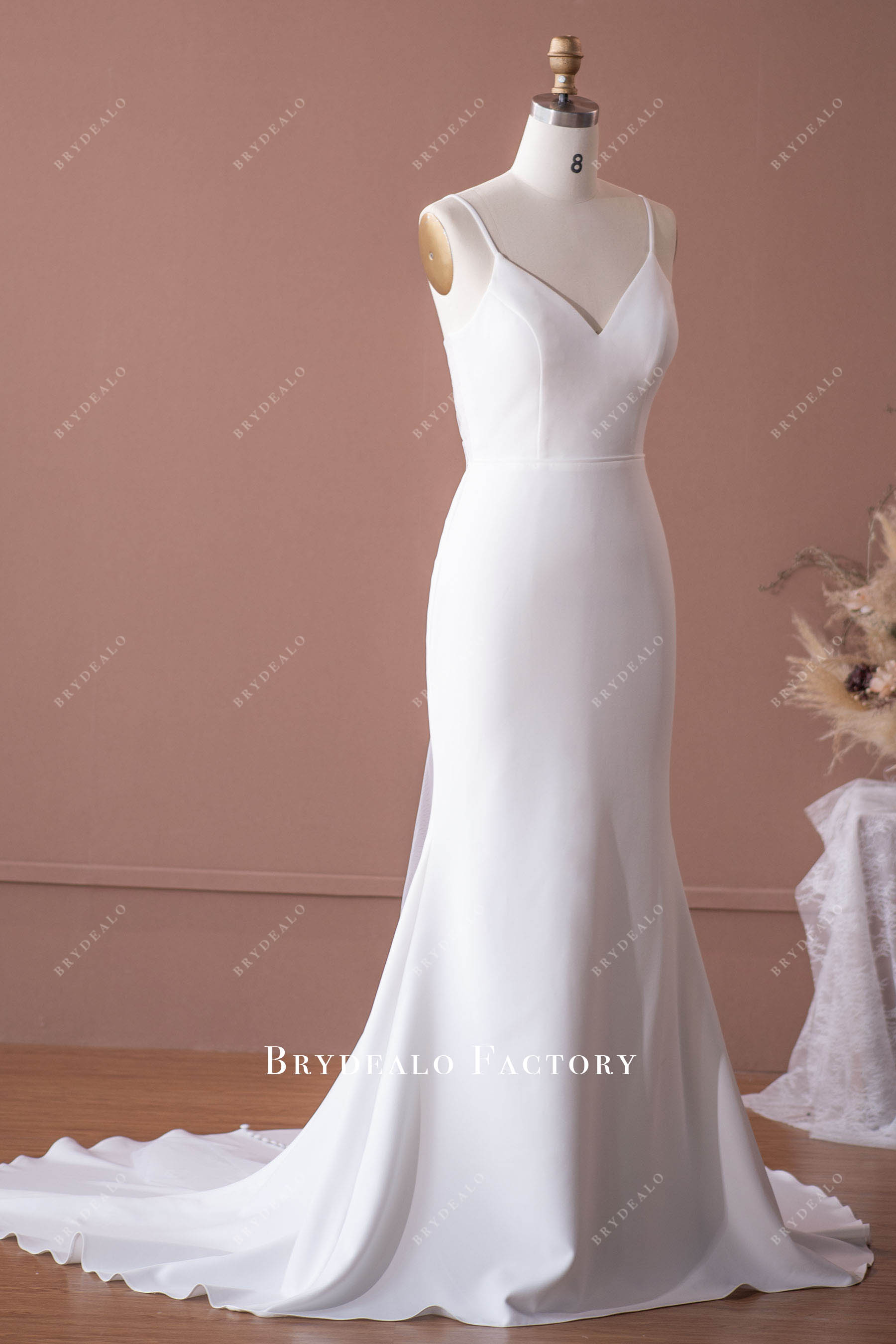 Crepe Mermaid Wedding Dress Spaghetti Straps V Neckline