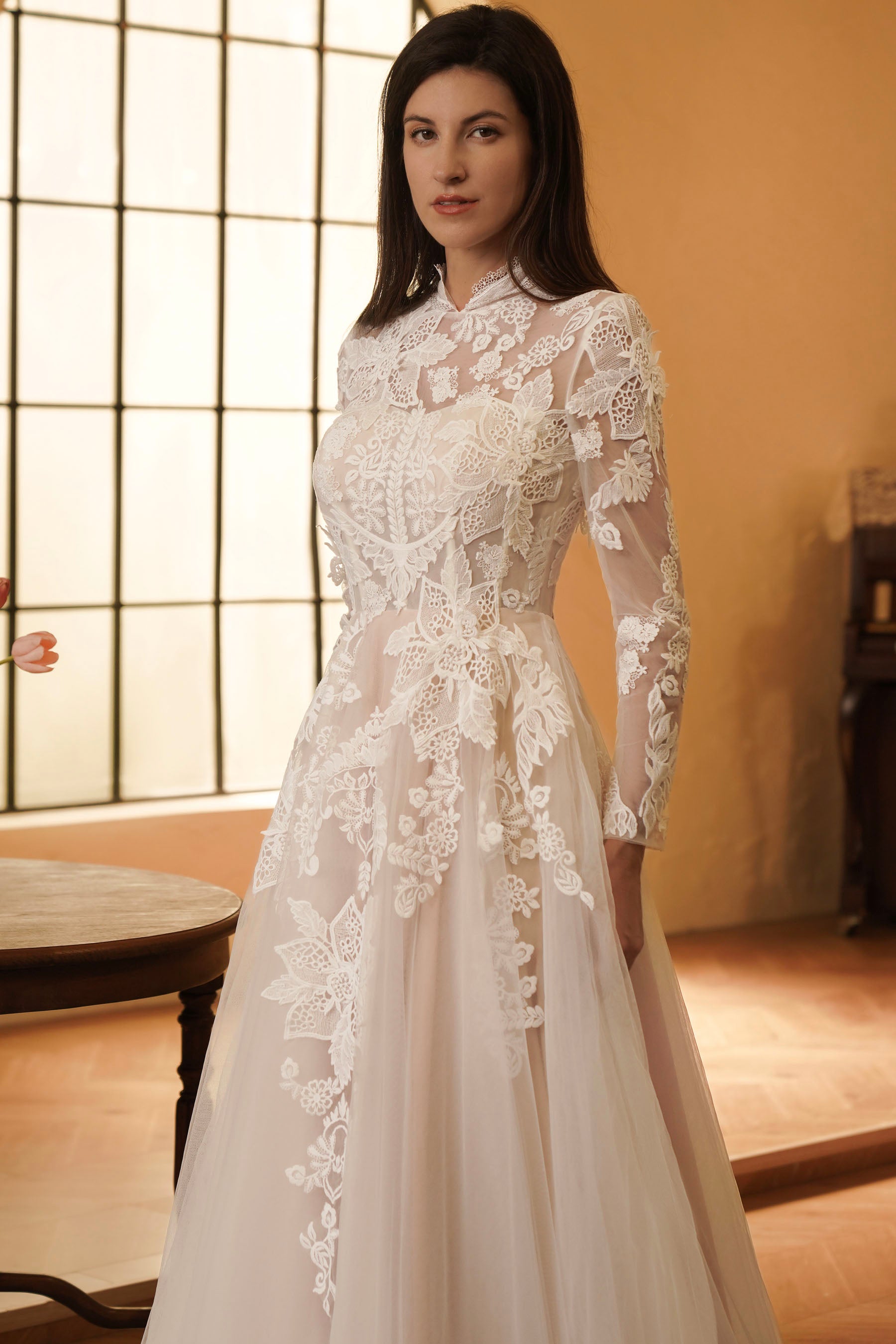 vintage high neck sleeve lace wedding dress