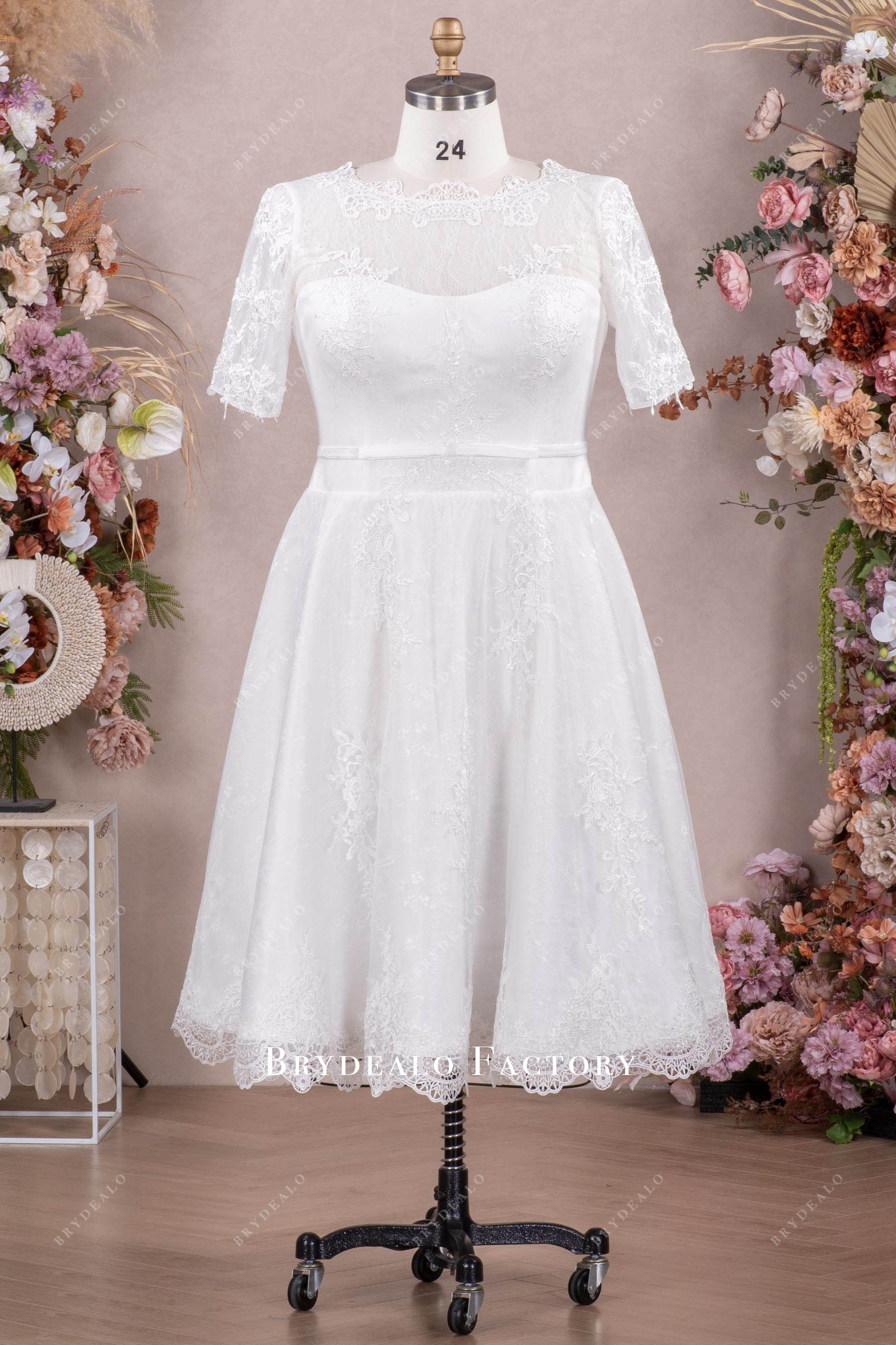 vintage lace sleeve tea length wedding dress