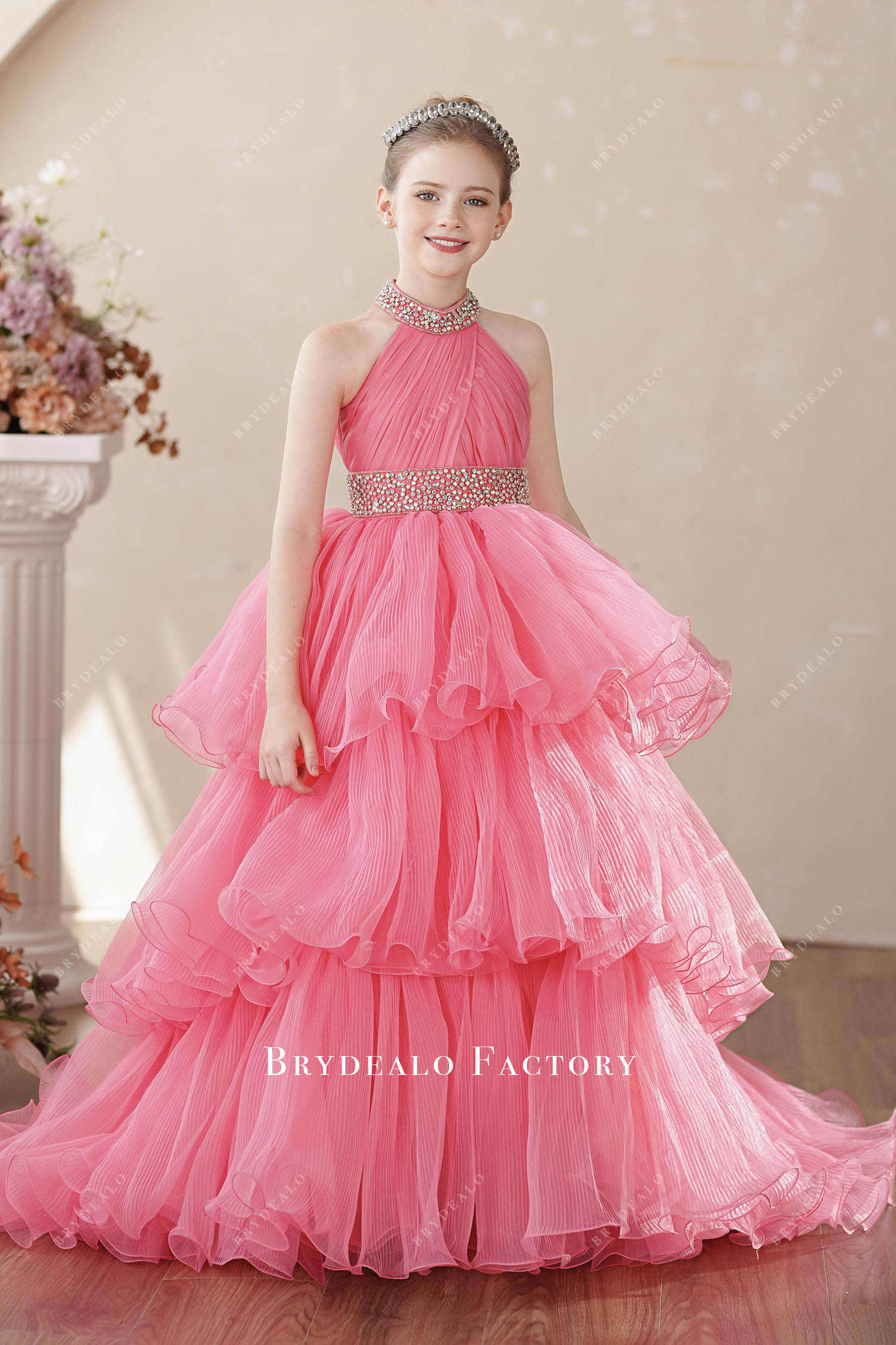 watermelon pleated halter kids pageant dress