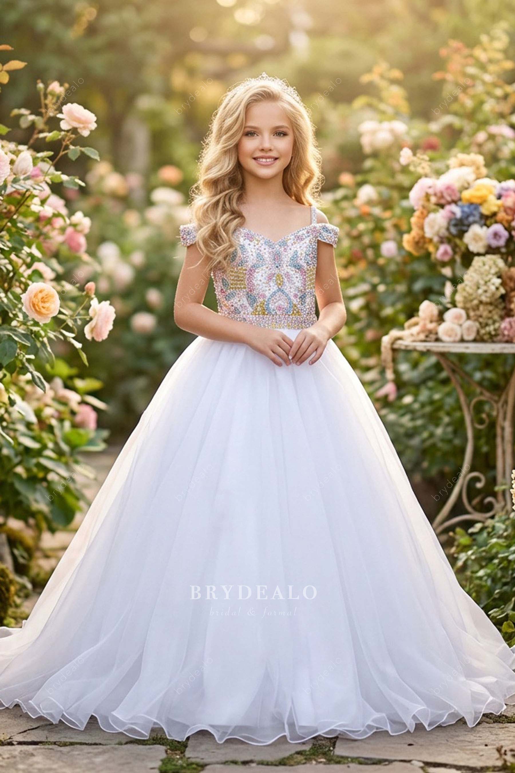 white off-shoulder kids pageant dress