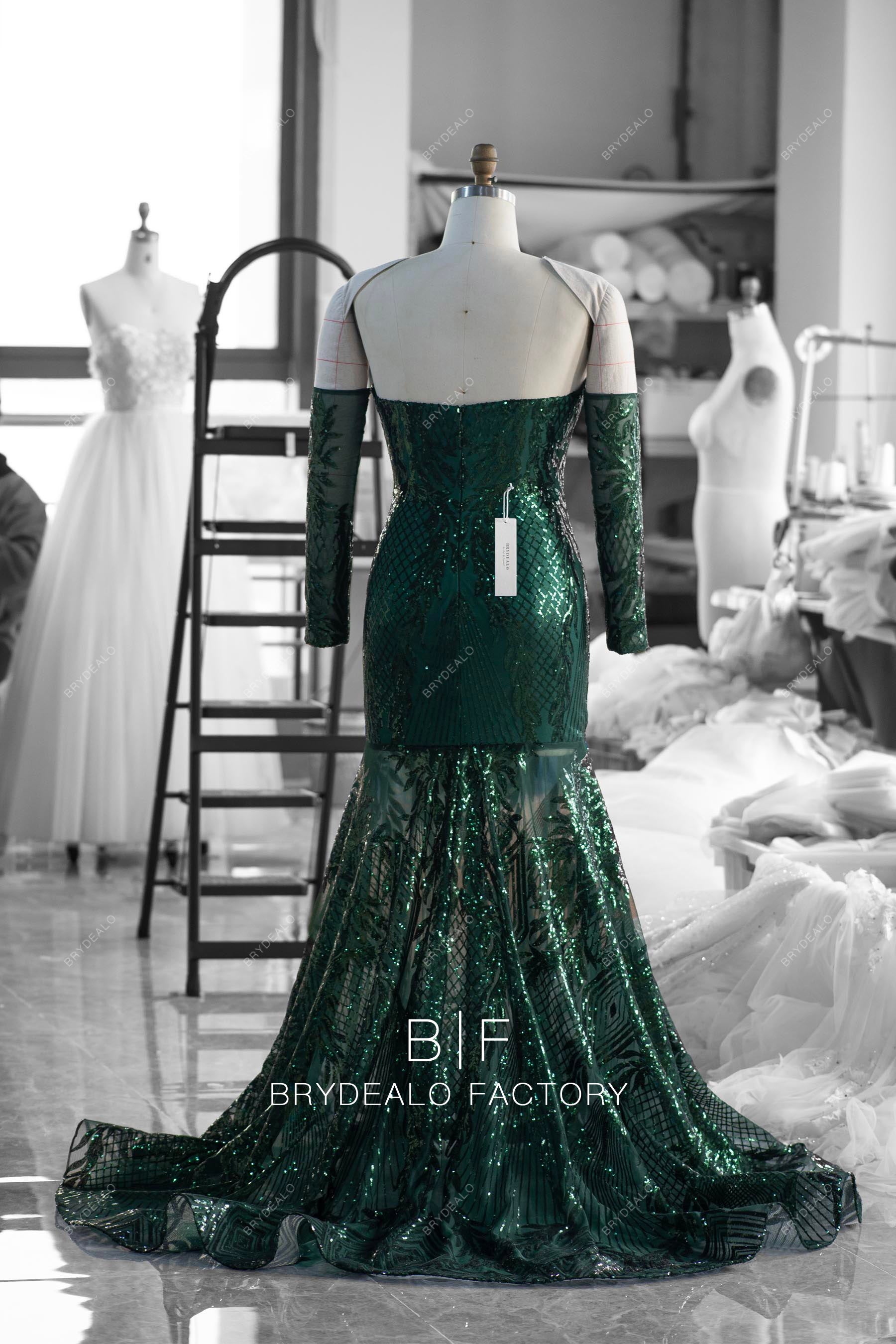 Sparkly Dark Green Straight Neck Sleeved Prom Dress