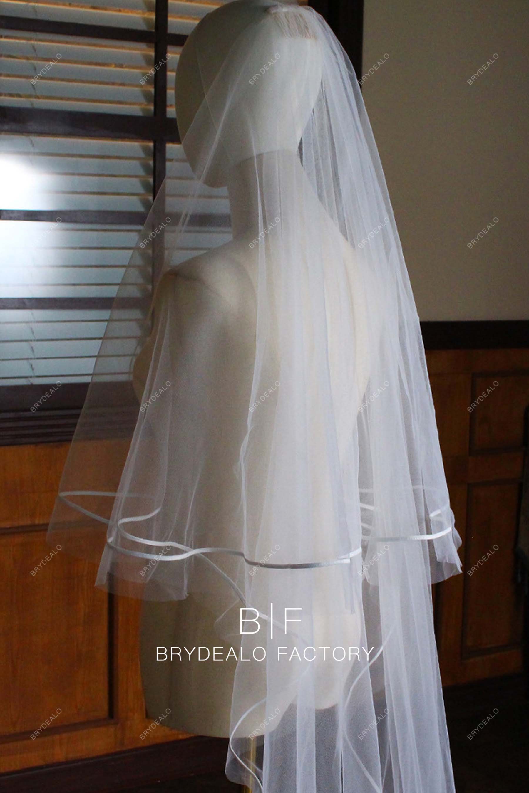wholesale satin ribbon two tiered bridal veil