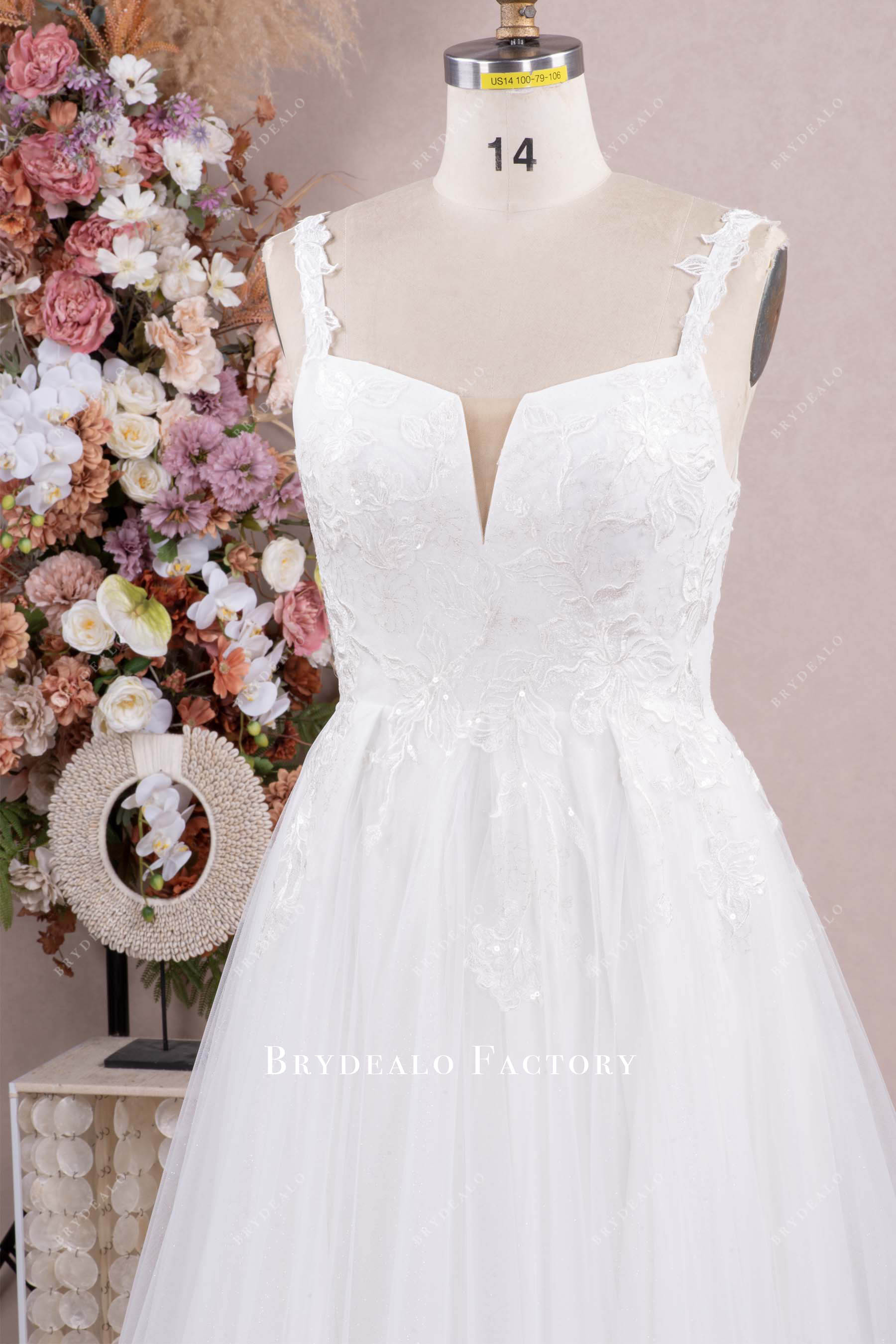 wide lace straps V-cut neck wedding dress