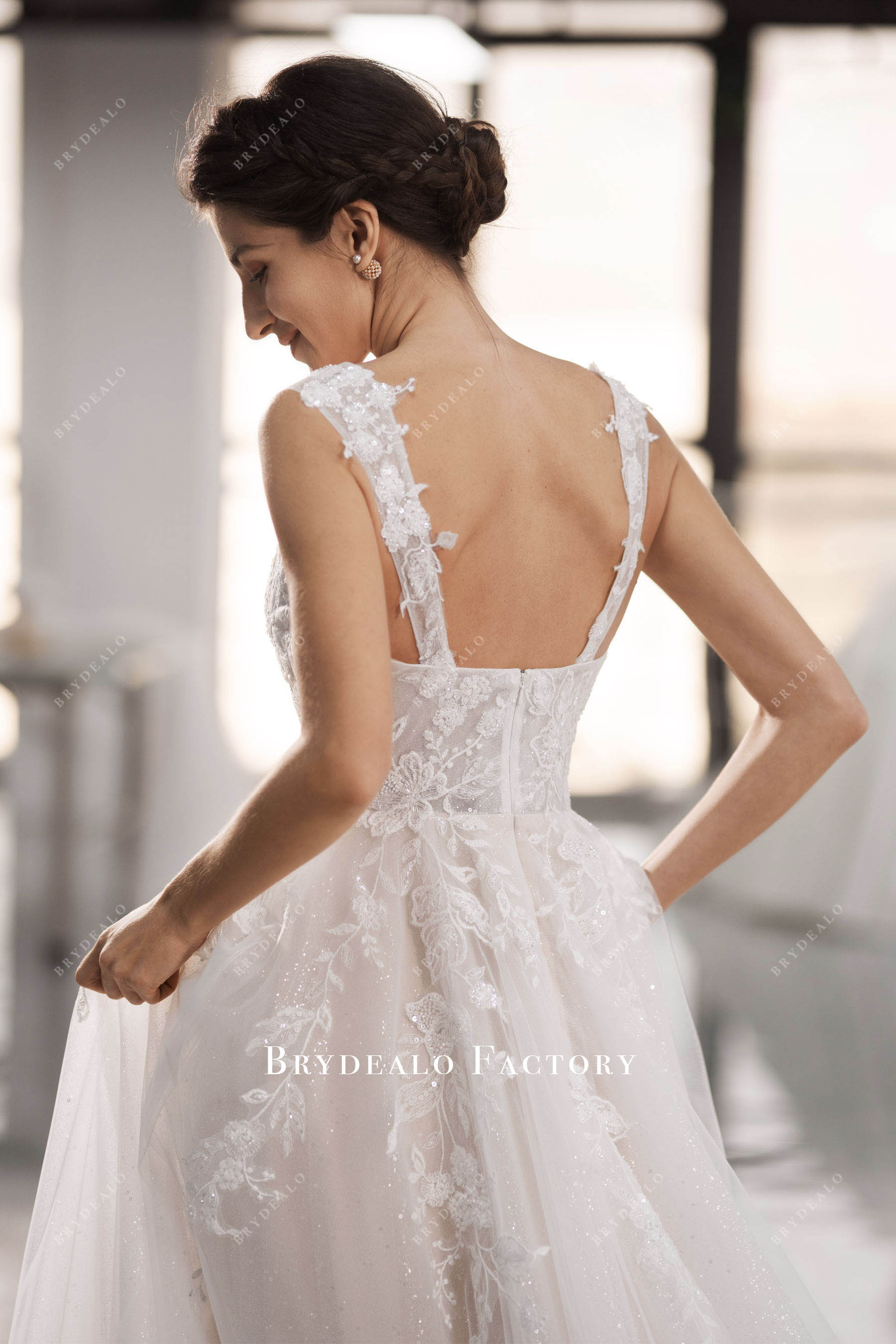 wide straps flower lace wedding dress