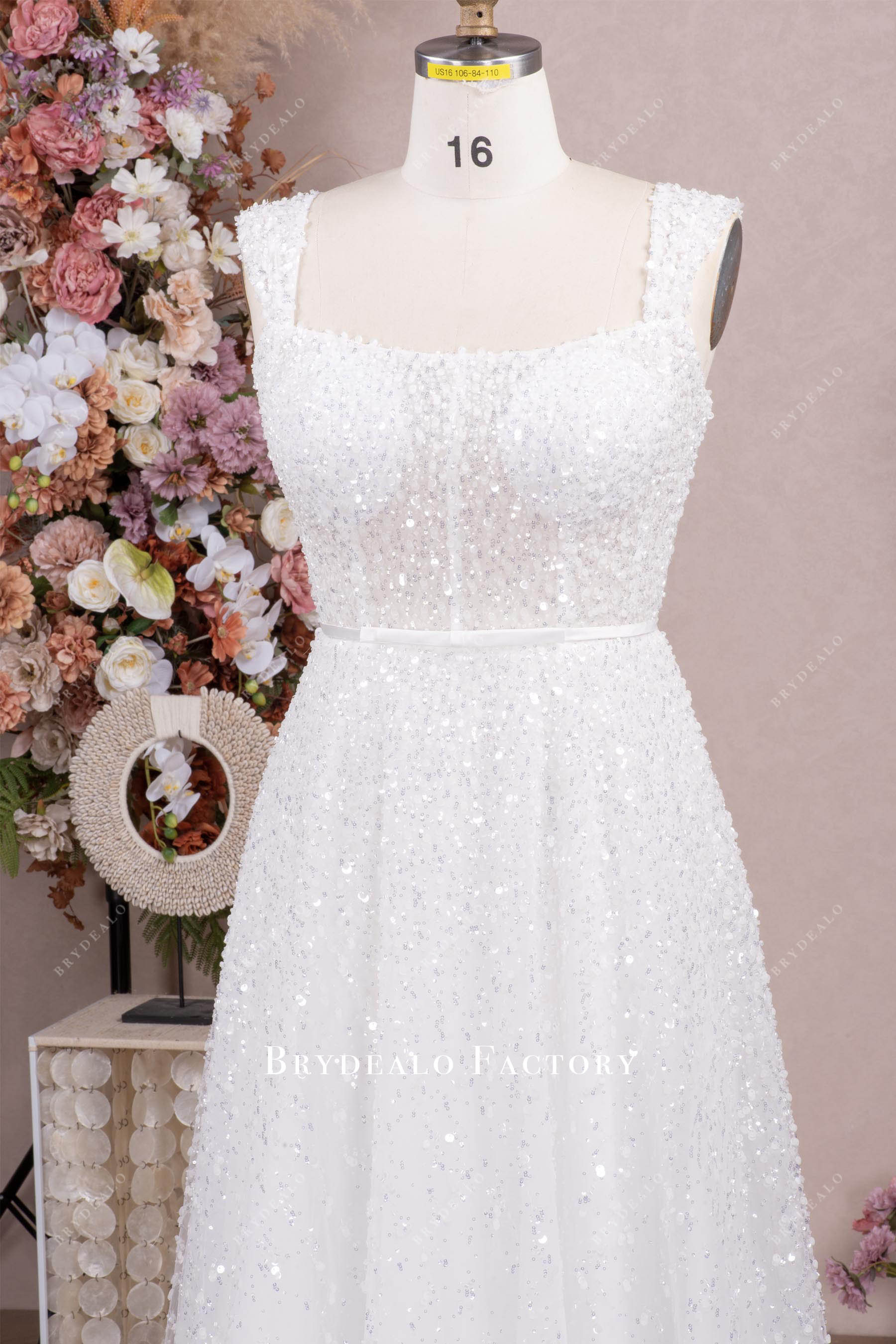 wide straps glamorous sequin wedding dress