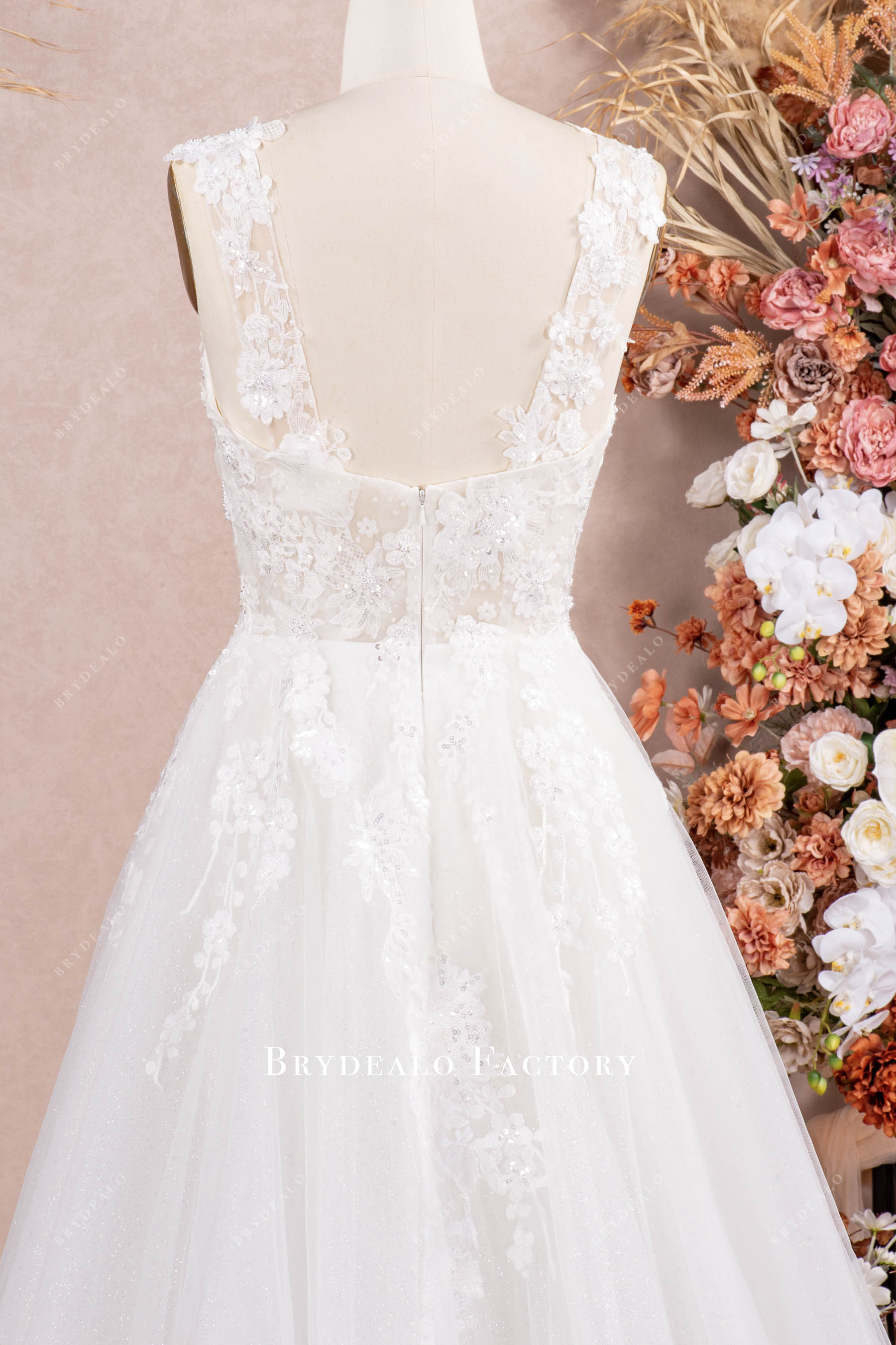 wide straps lace wedding dress