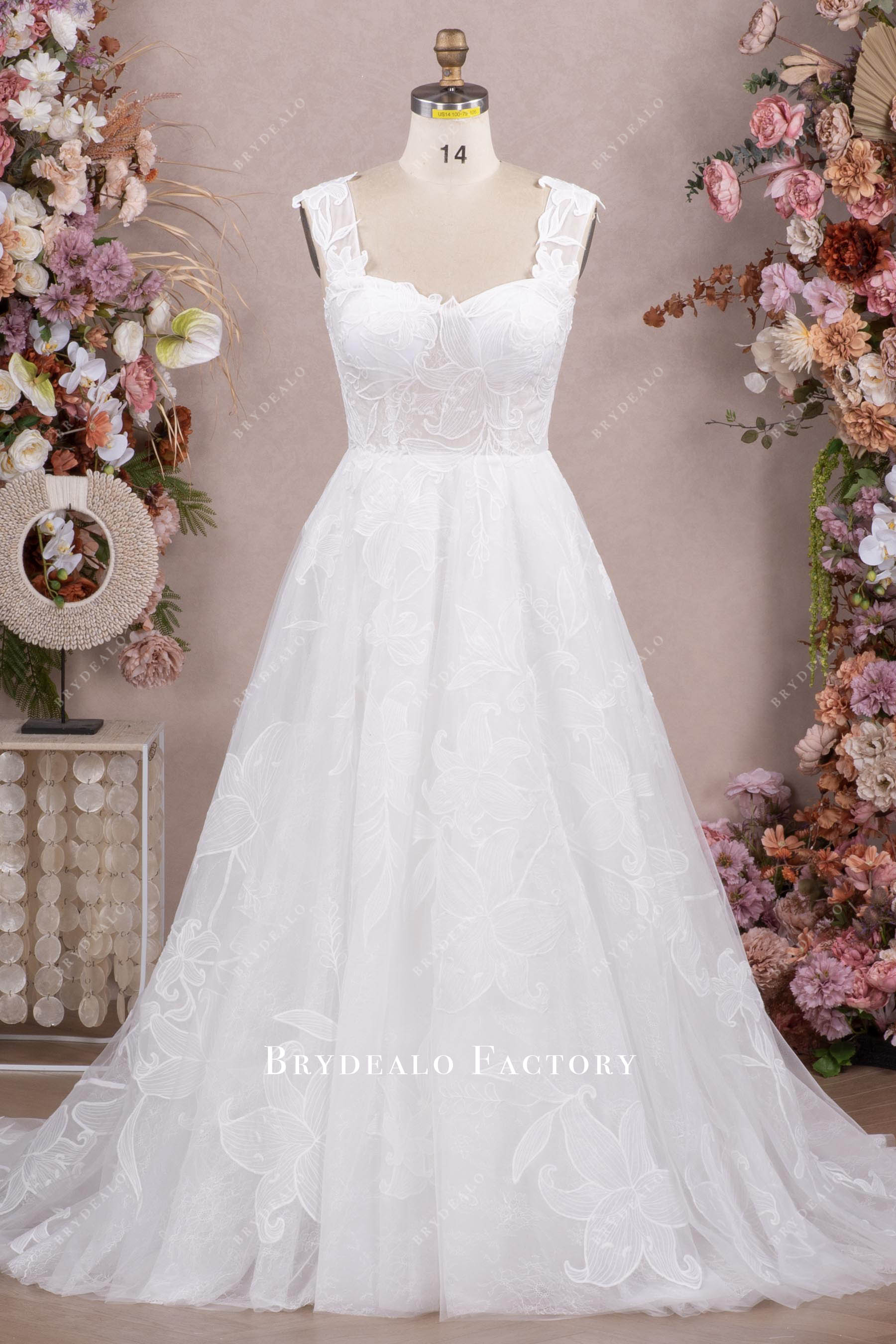 wide straps large flower lace wedding dress