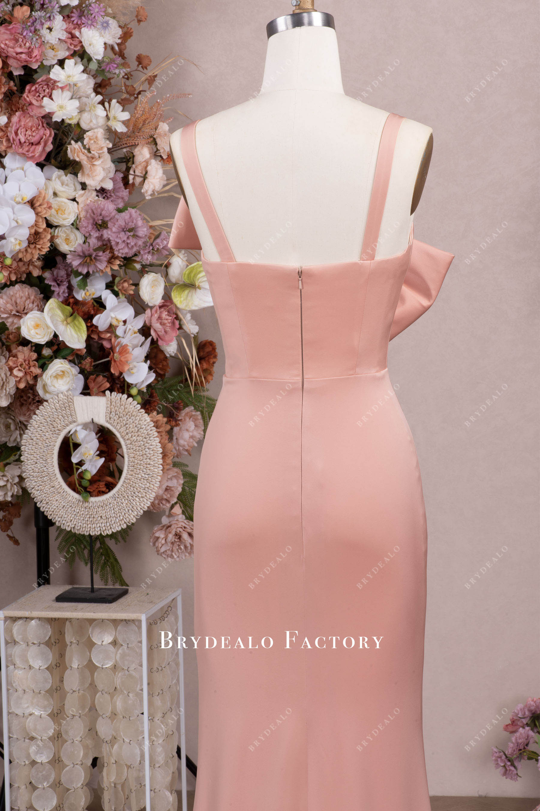 wide straps nude pink satin evening dress