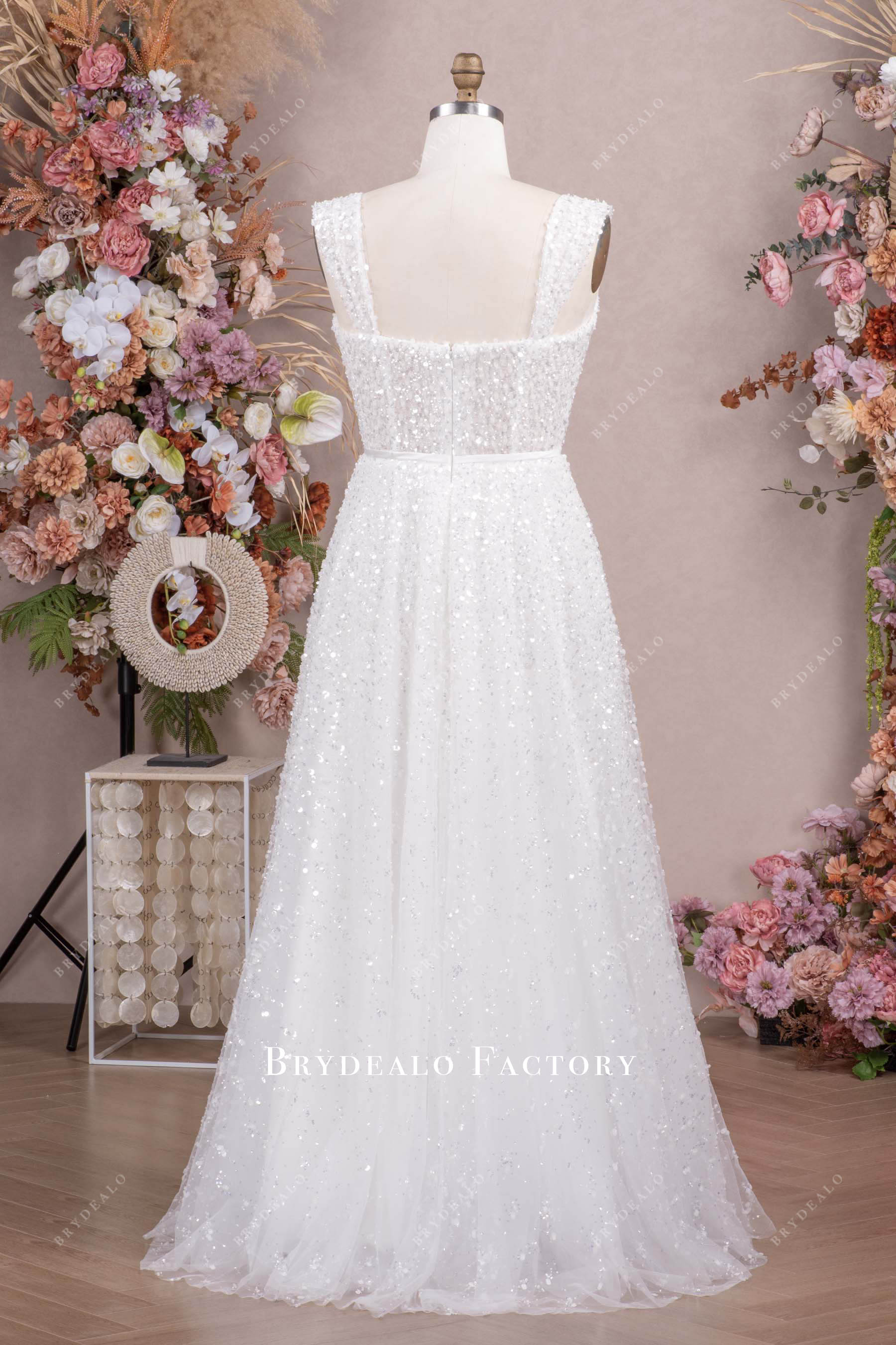 wide straps sweep train wedding dress