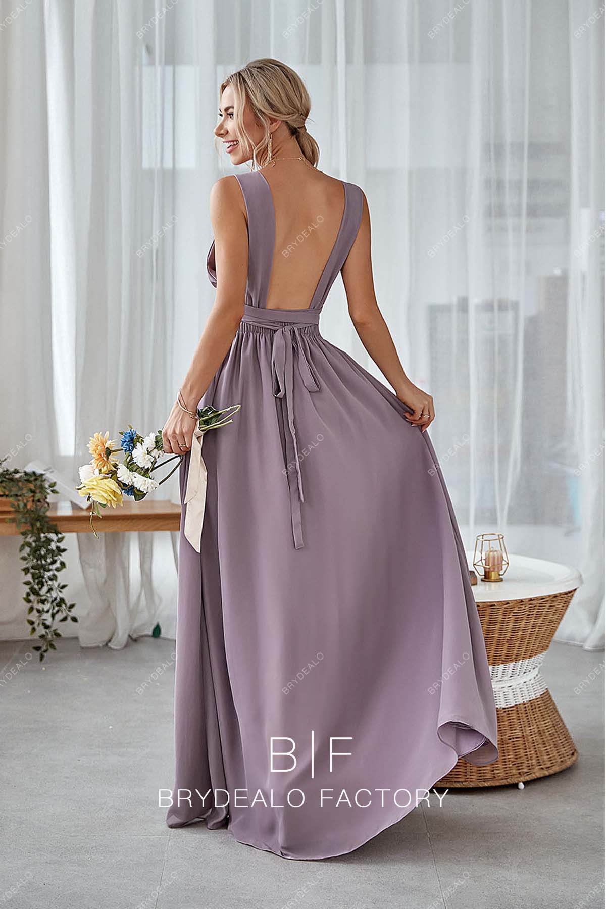 open back light purple floor length chiffon bridesmaid dress