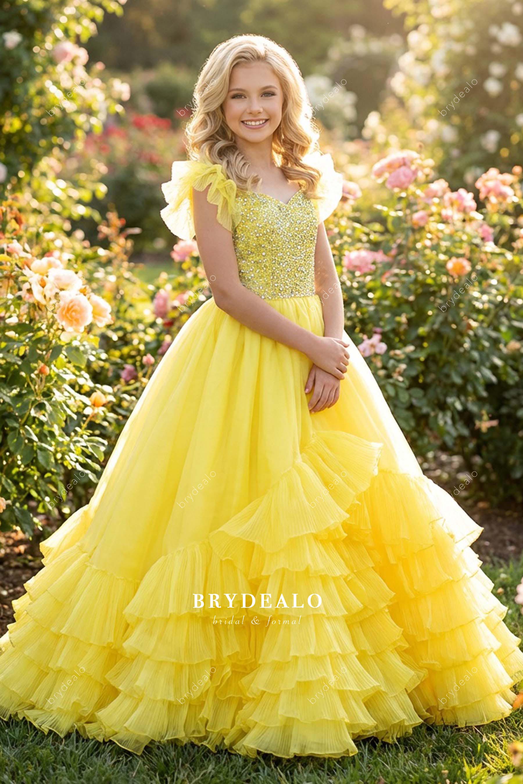 yellow flutter sleeve junior pageant gown