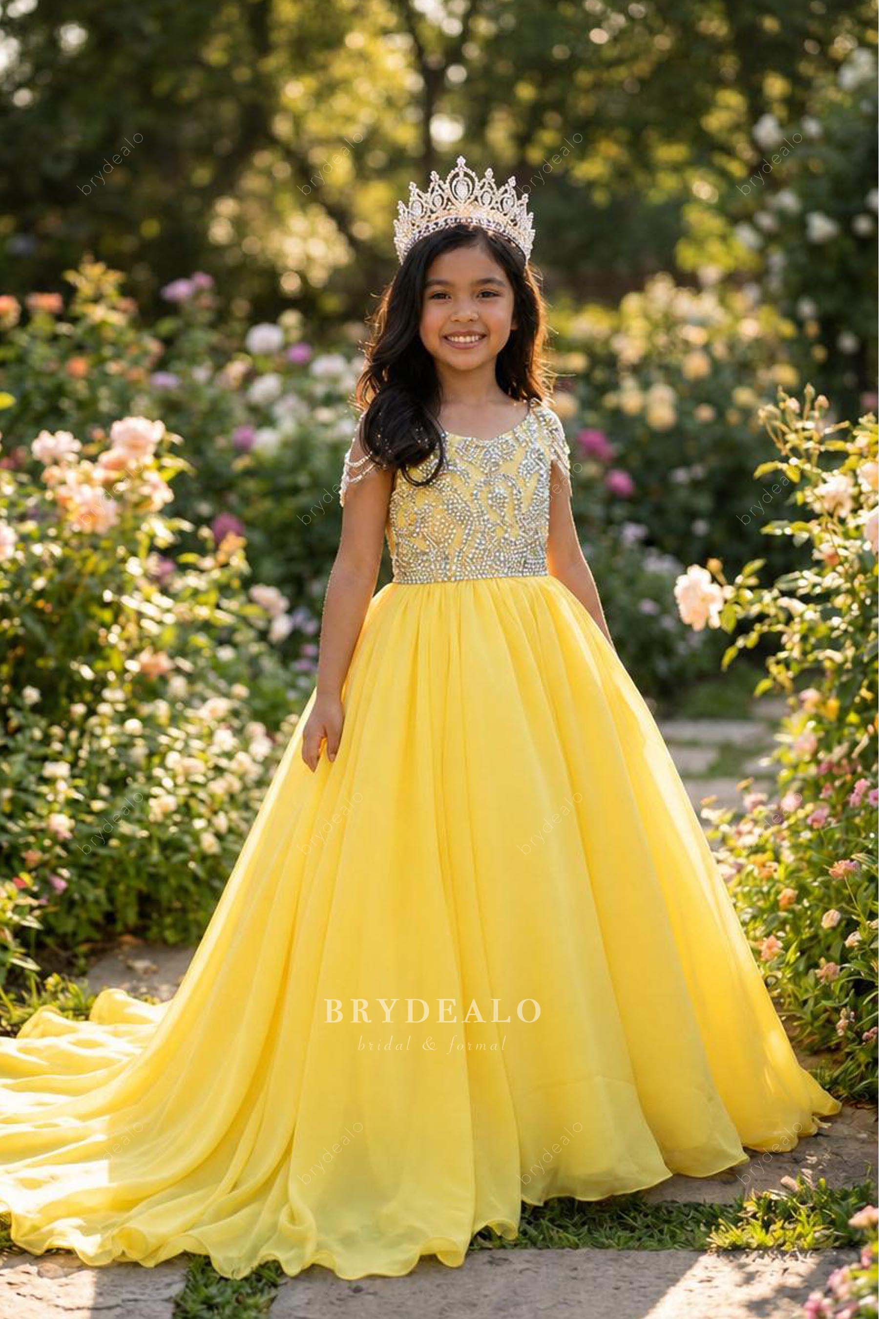 yellow shoulder chains kids pageant gown