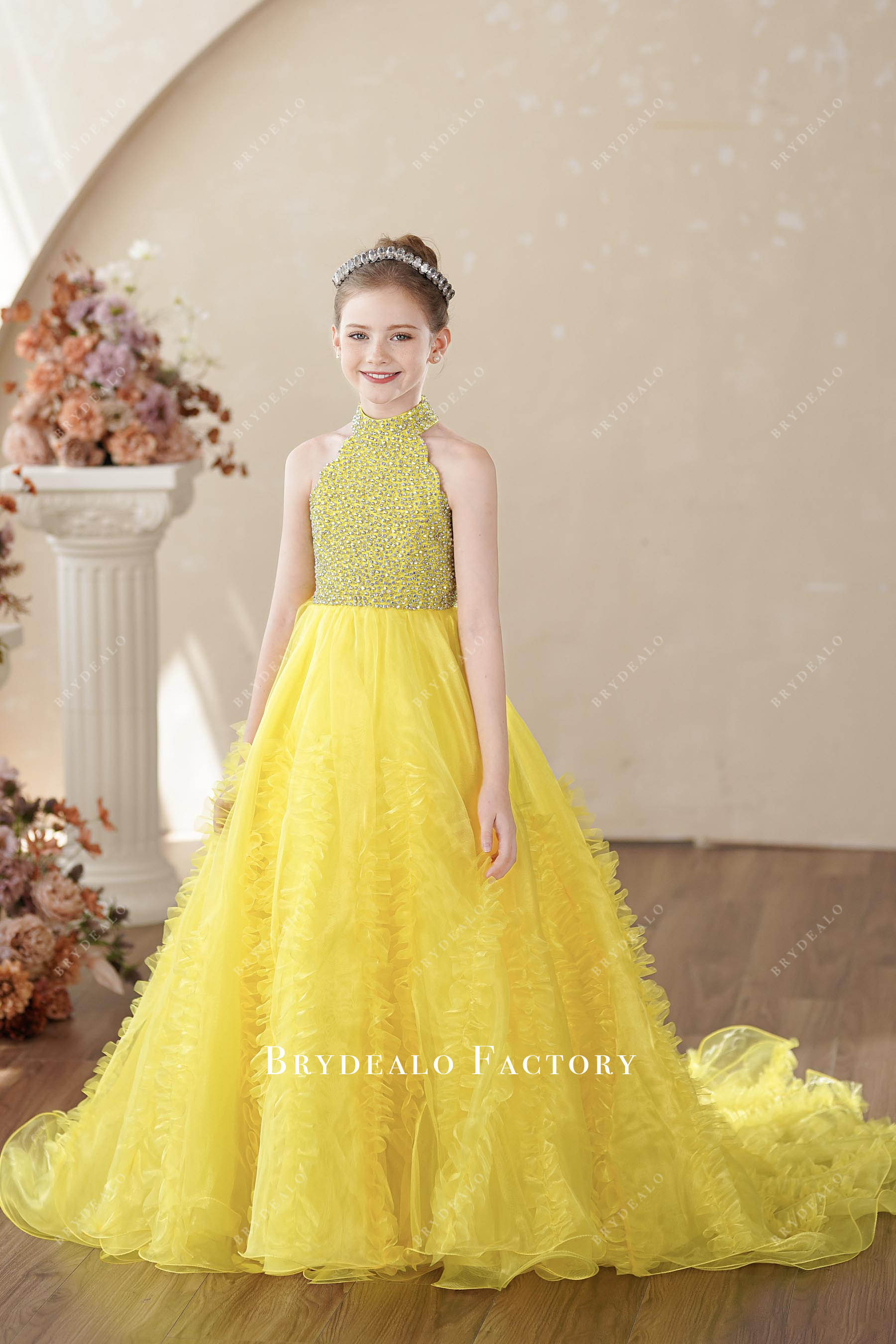 Luxury Yellow Rhinestone Halter Ruffled Young Girl Pageant Dress