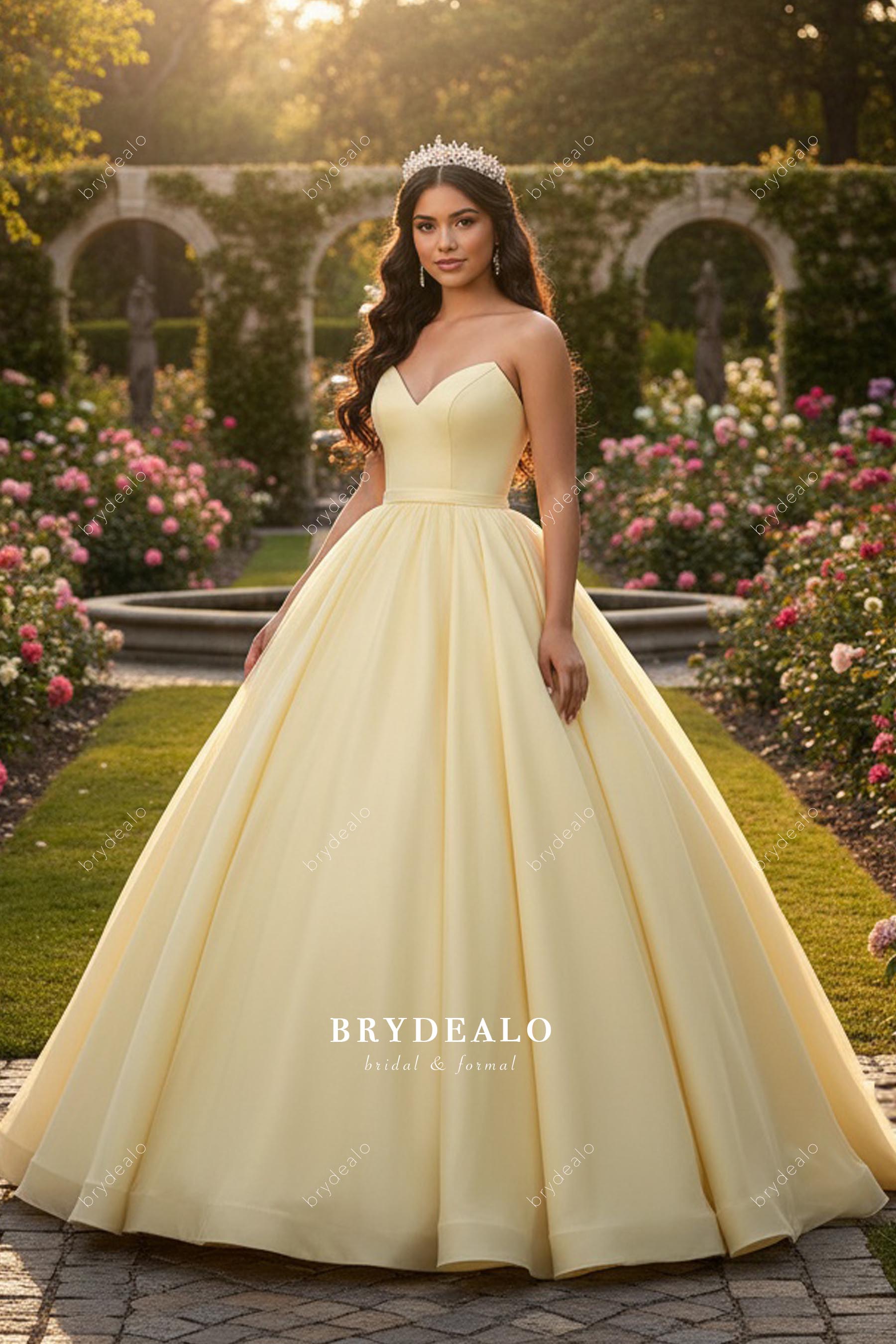 yellow strapless Quinceanera gown
