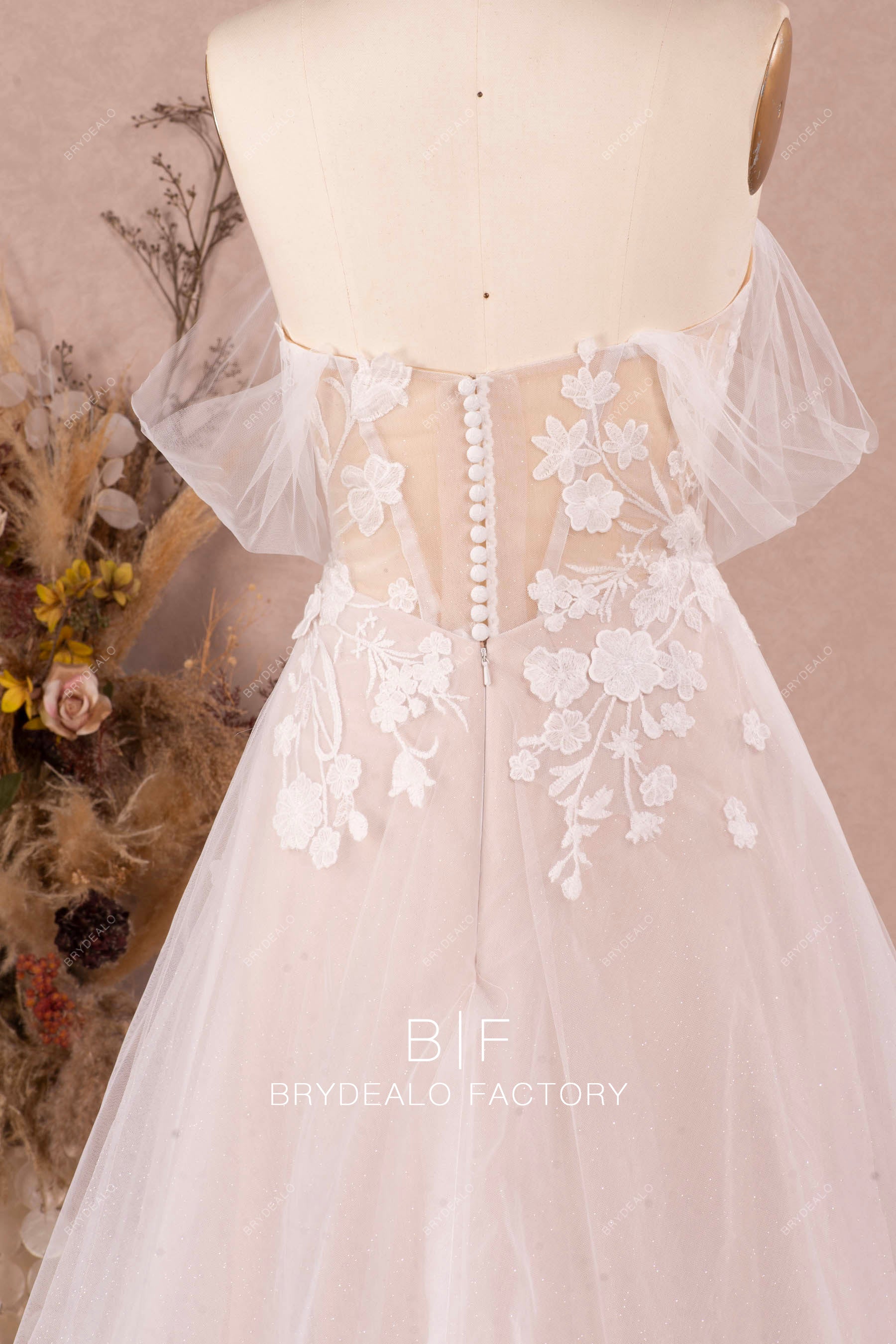 off shoulder dreamy buttoned back wedding dress