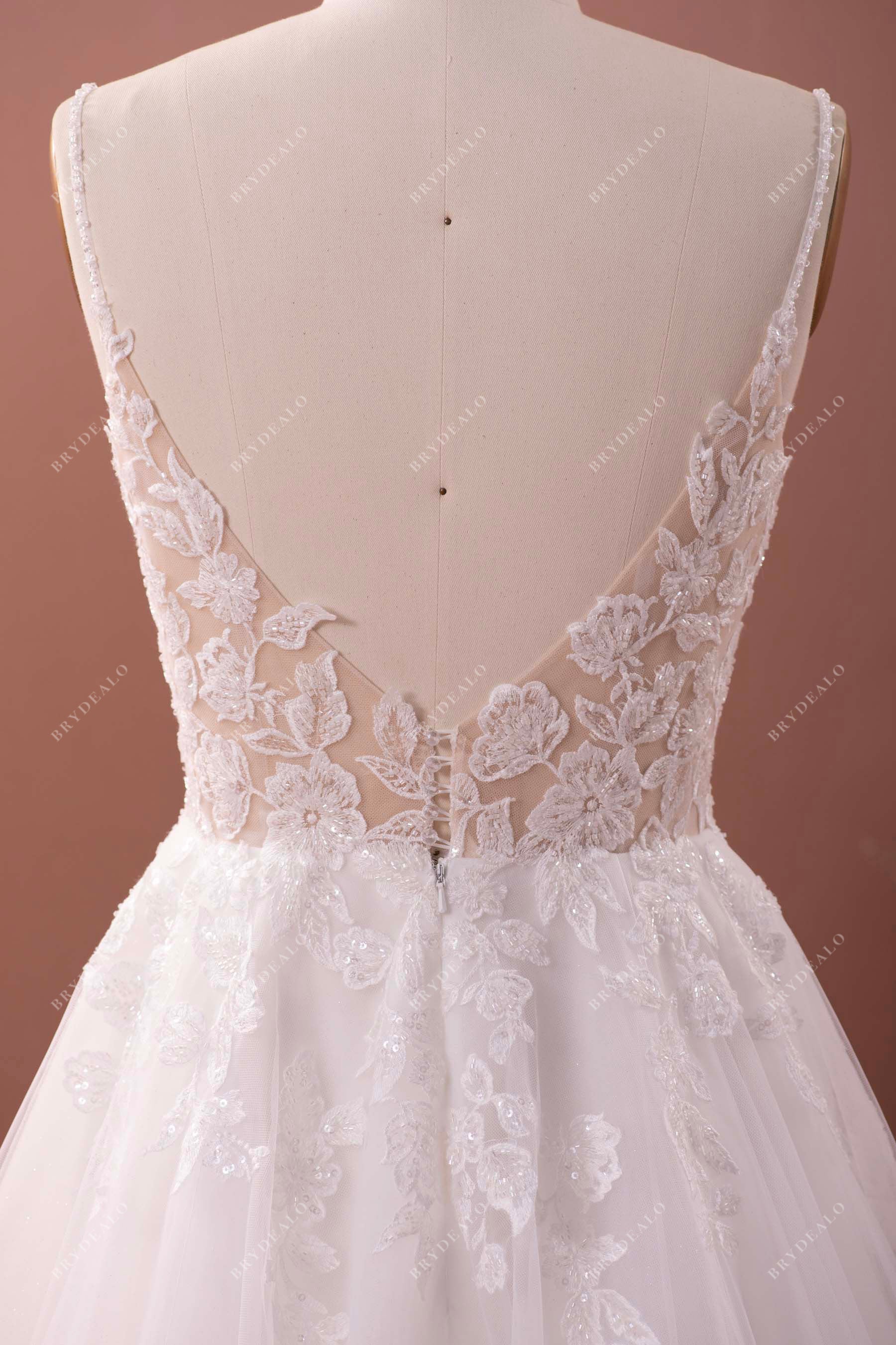 open back beaded straps lace bridal dress