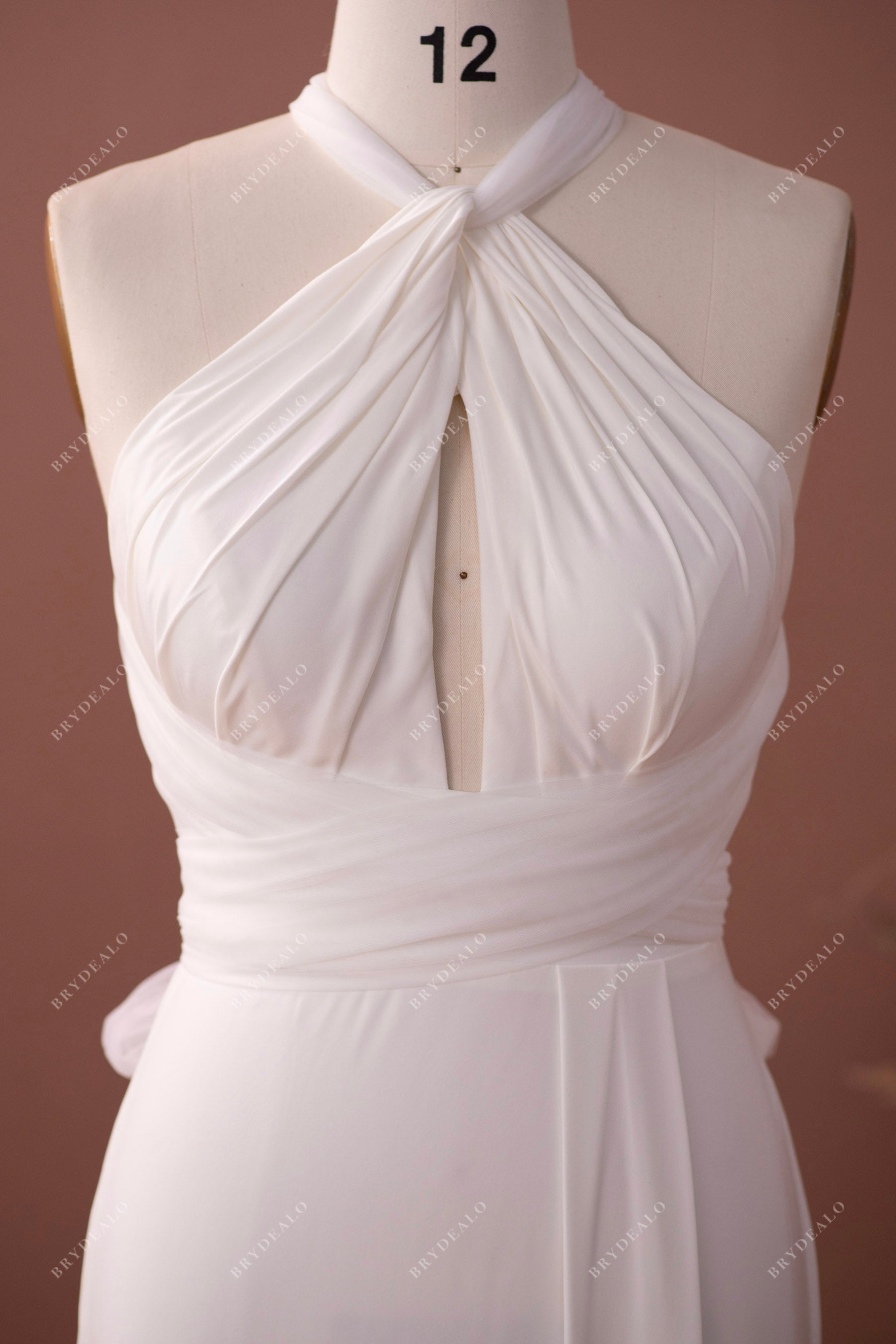 halter neck pleated bodice wedding dress