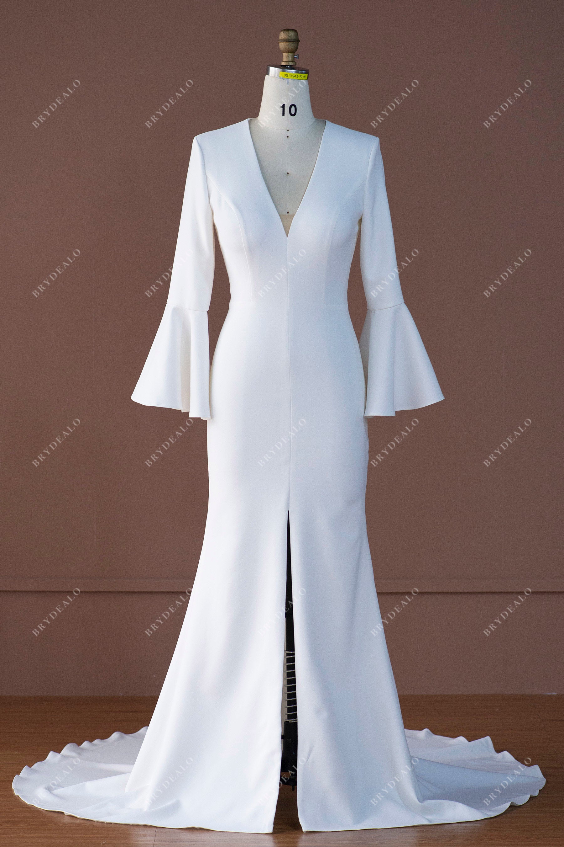 Crepe Fit Flare Wedding Dress V Neck Bell Sleeves Front Slit