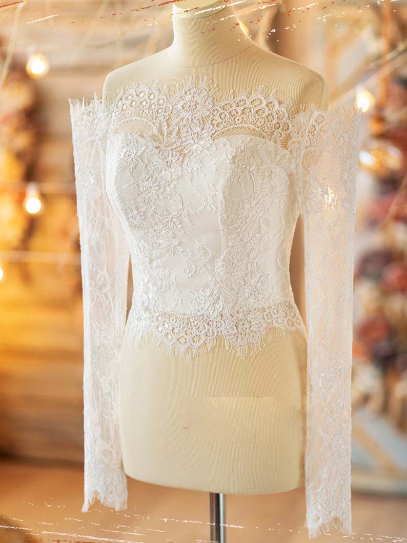 Off-shoulder Bridal Bolero Long Sleeves Lace Wedding Crop Top