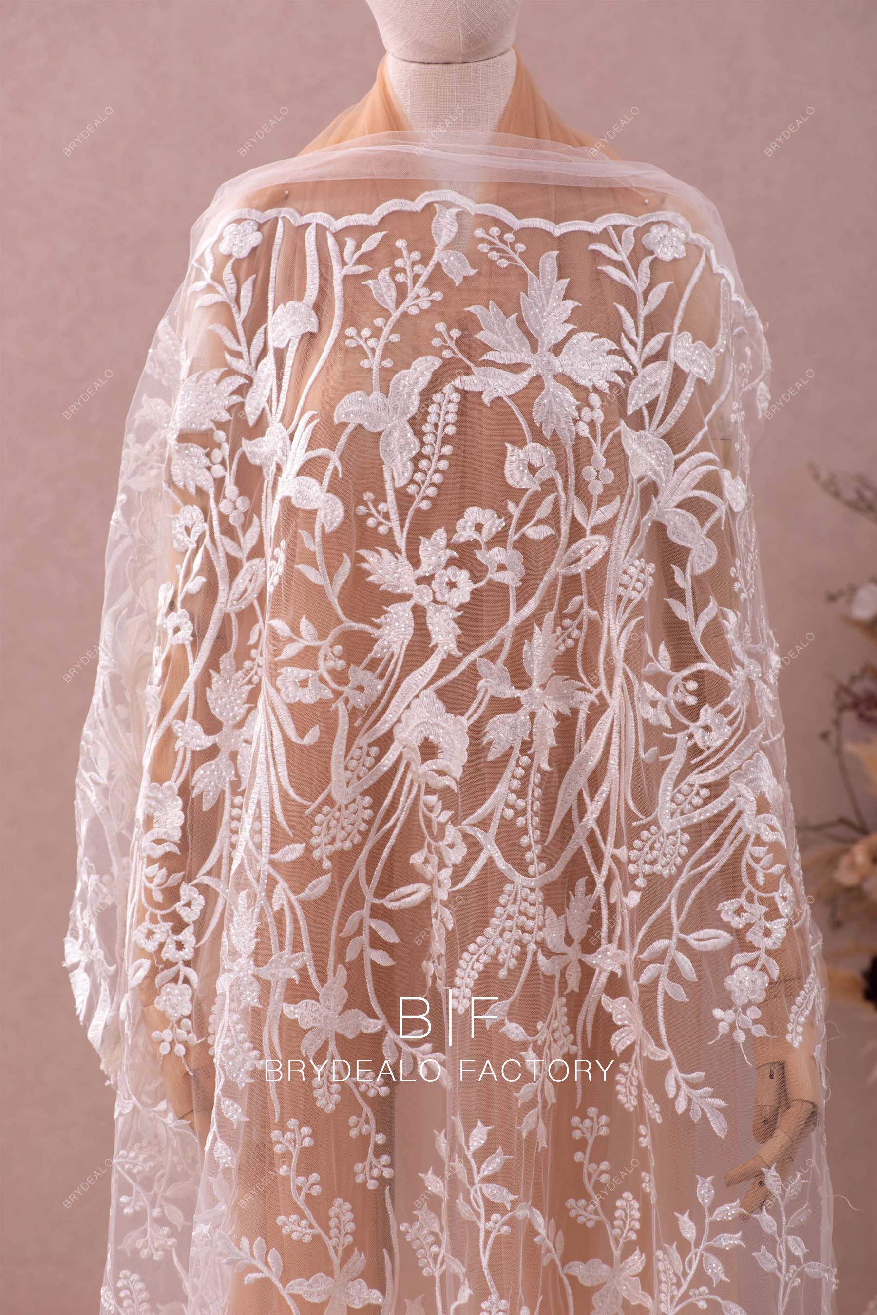 Wholesale Floristic Sheer Sequin Embroidery Lace Fabric