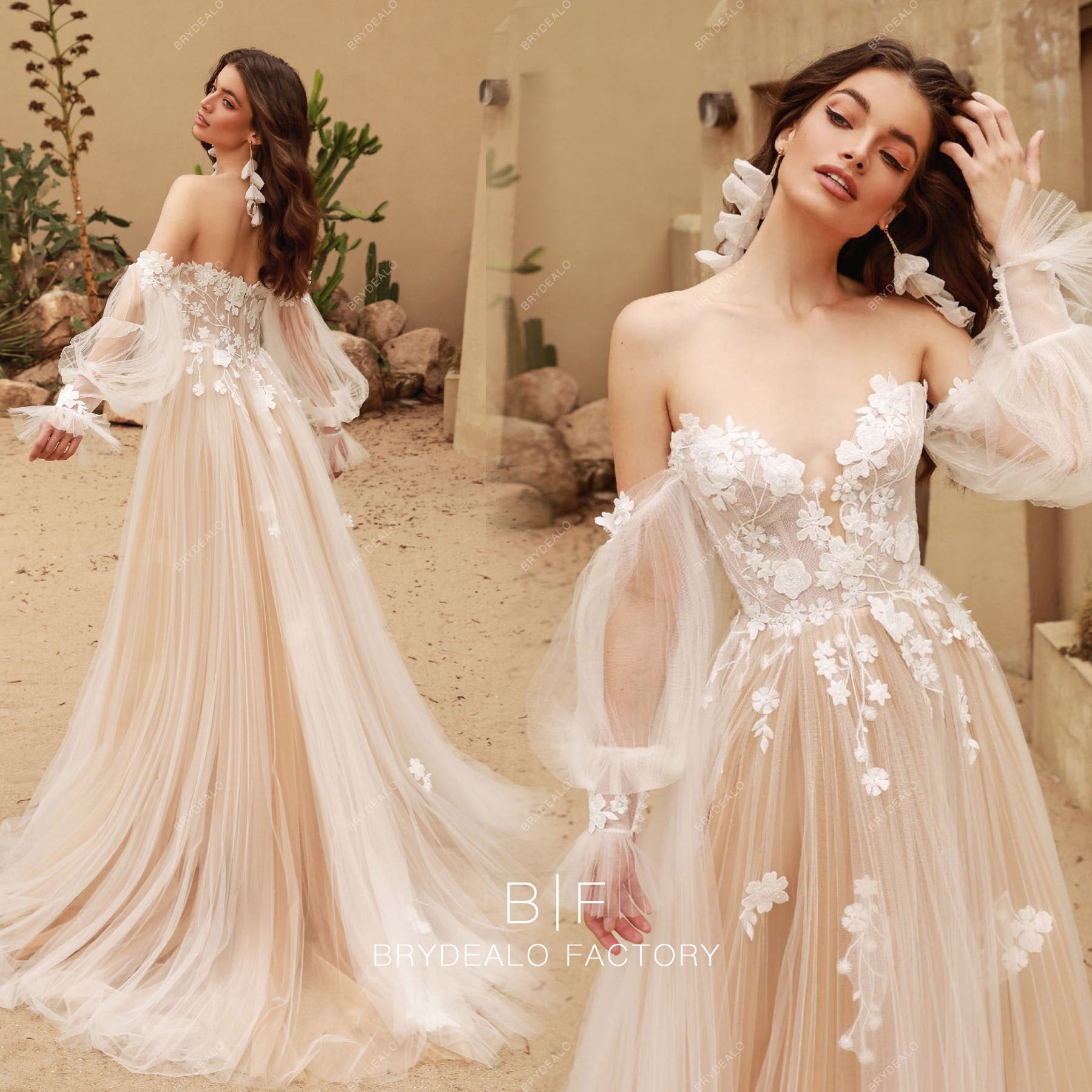 Airy Off Shoulder Sleeves Flower Lace Tulle Wedding Dress