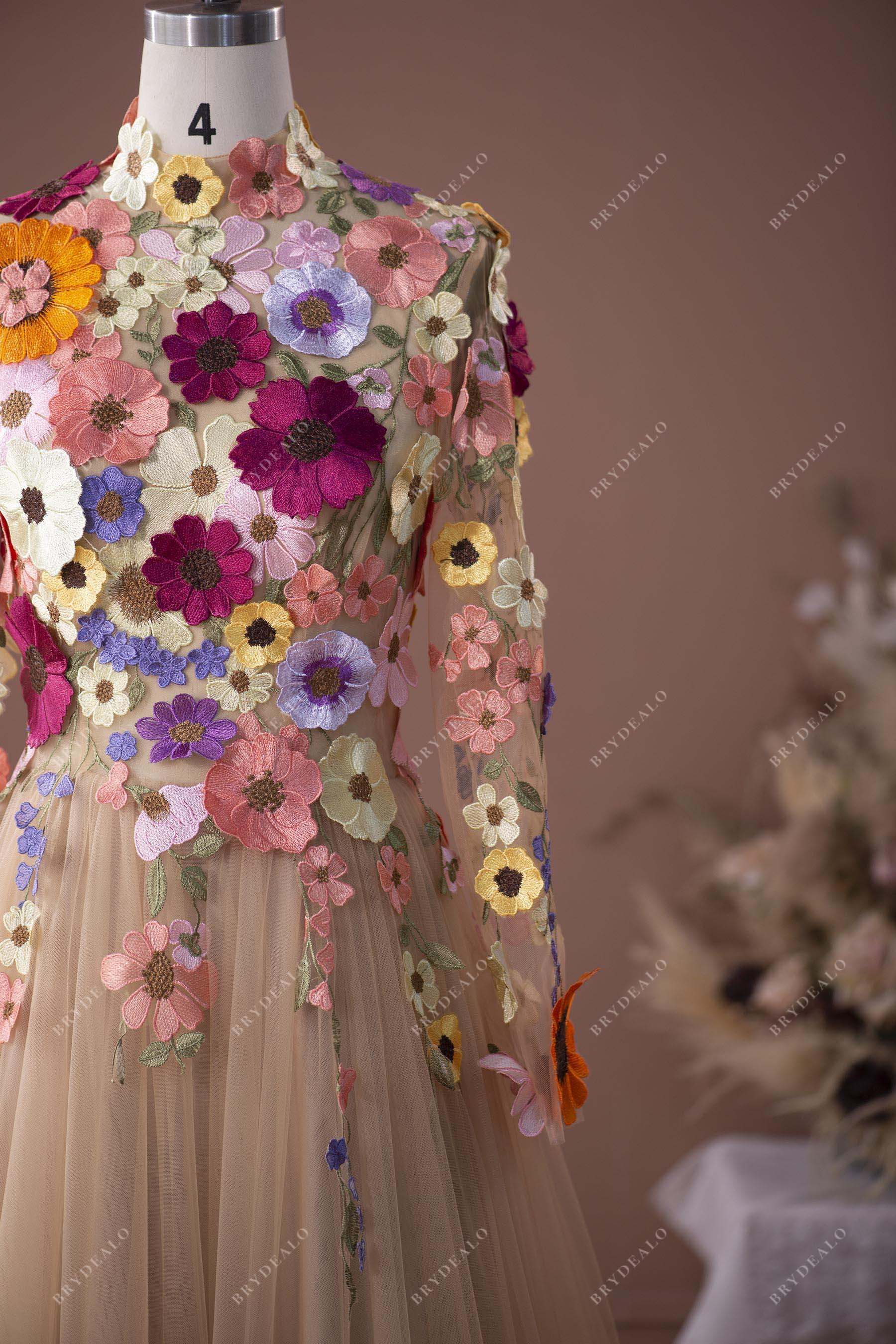 3D colorful flowers long sleeve bridal gown