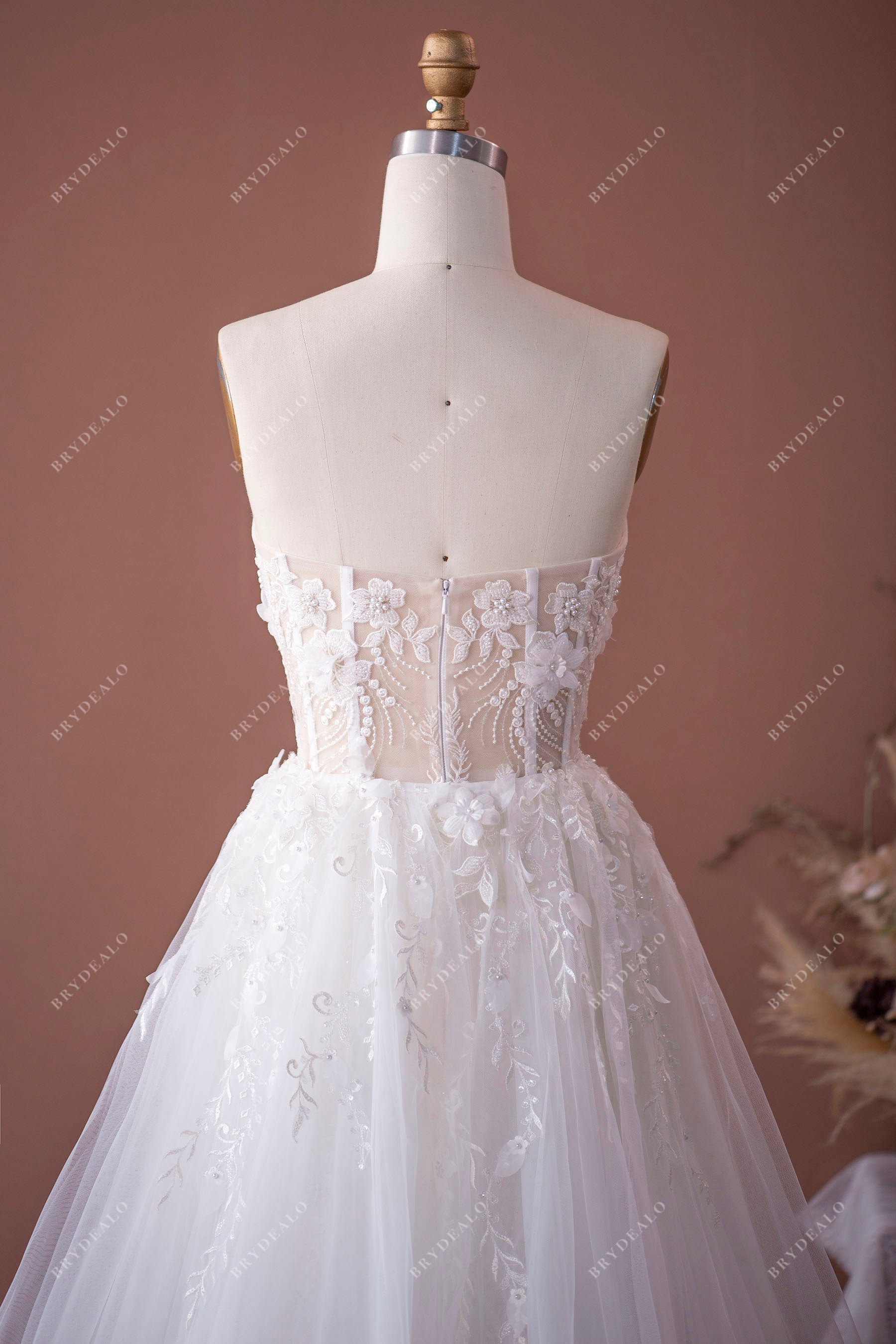 strapless bridal gown with overskirt
