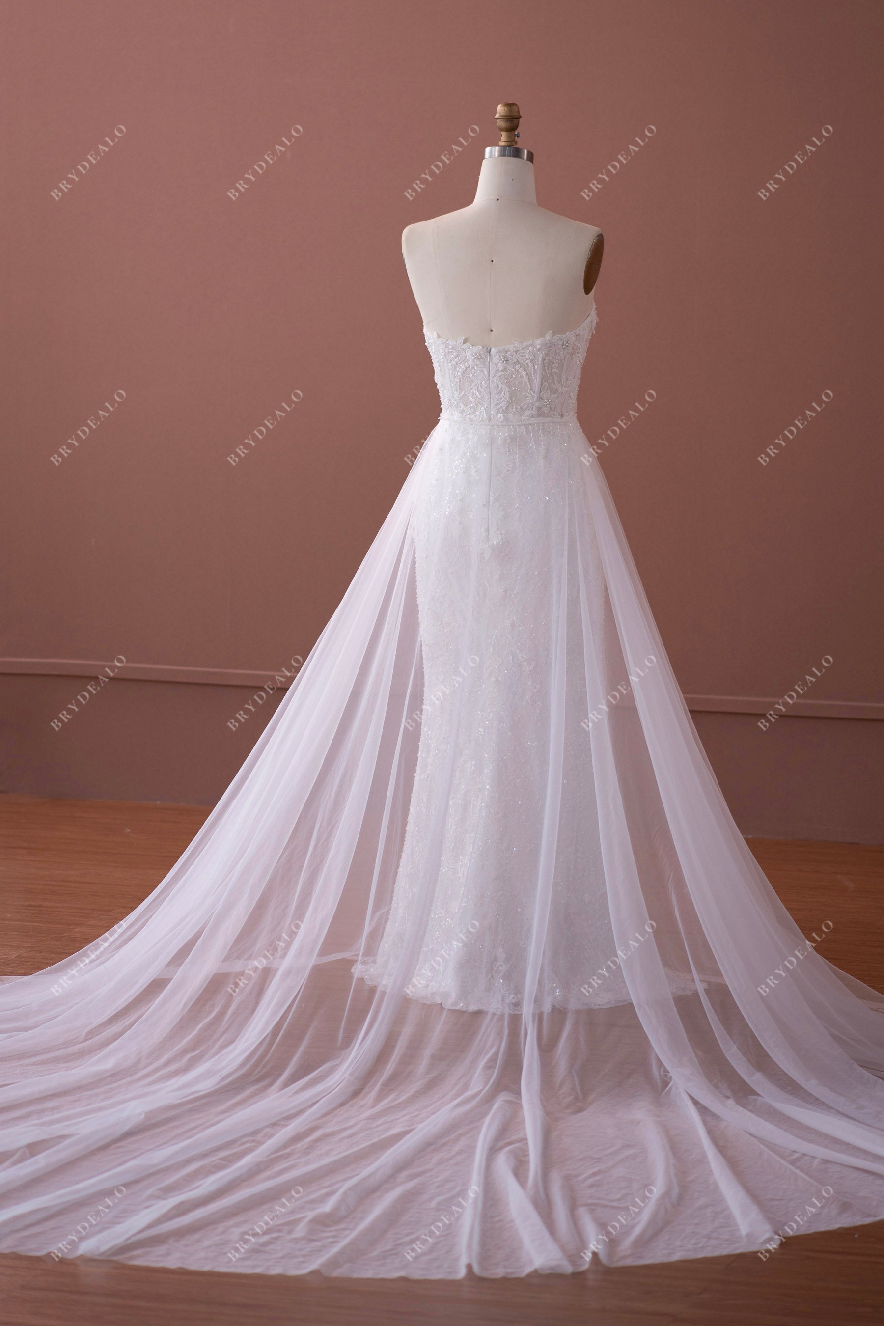 3D flower lace wedding dress with beaded tulle overskirt