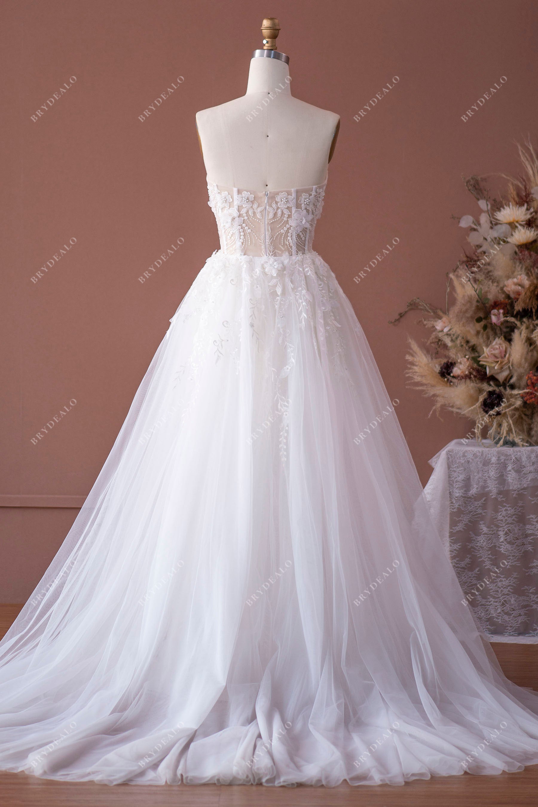 Strapless Flower Corset Bridal Gown with Plump Tulle Overskirt