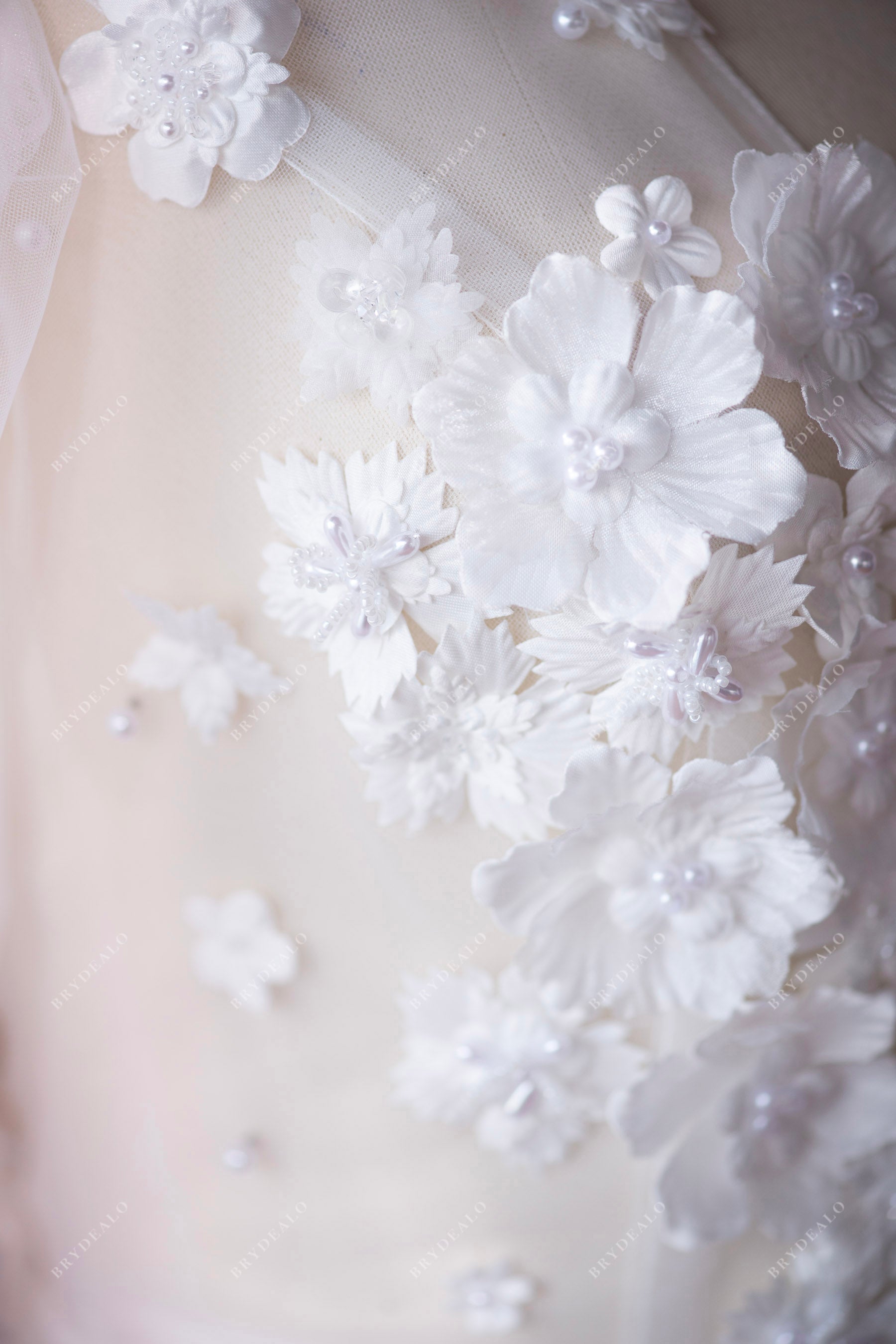 Bubble Sleeve Handmade 3D Flower Pearl Tulle A-line Wedding Dress