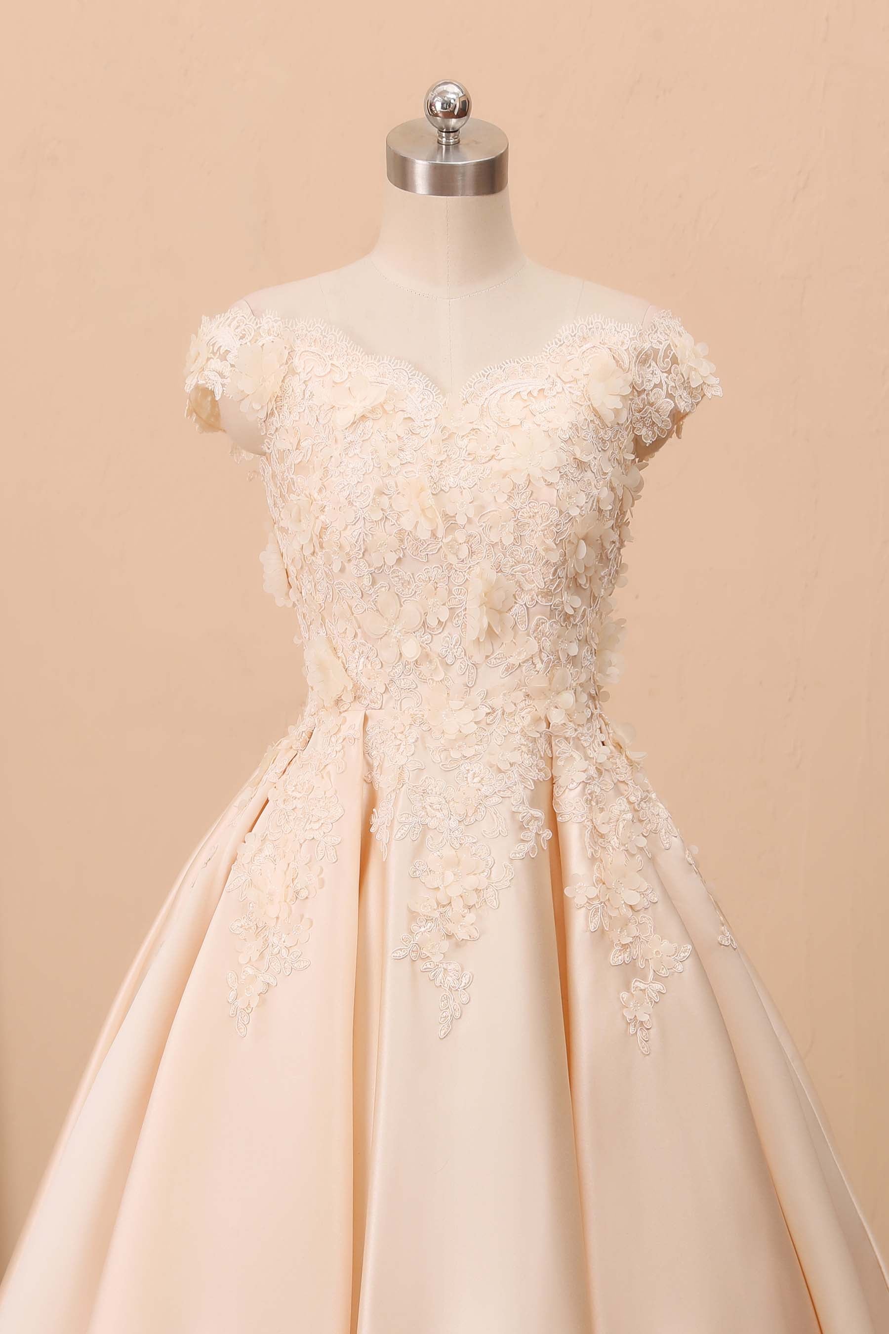 3D lace off-shoulder champagne wedding dress