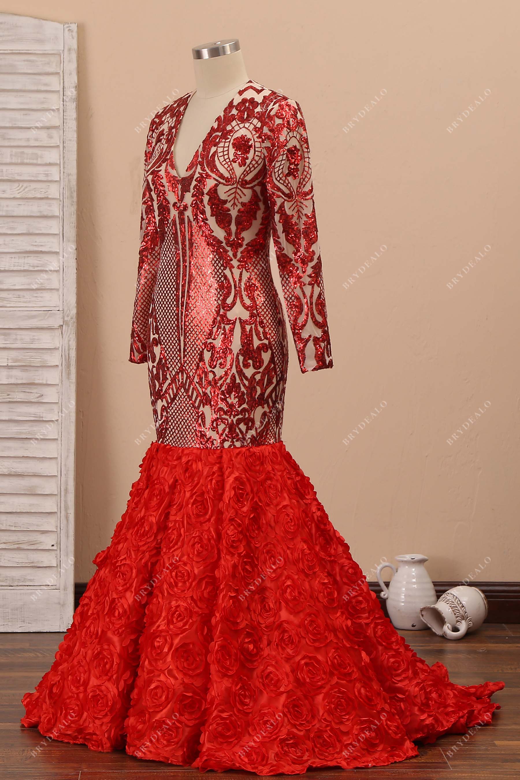 3D roses trumpet sequin prom gown