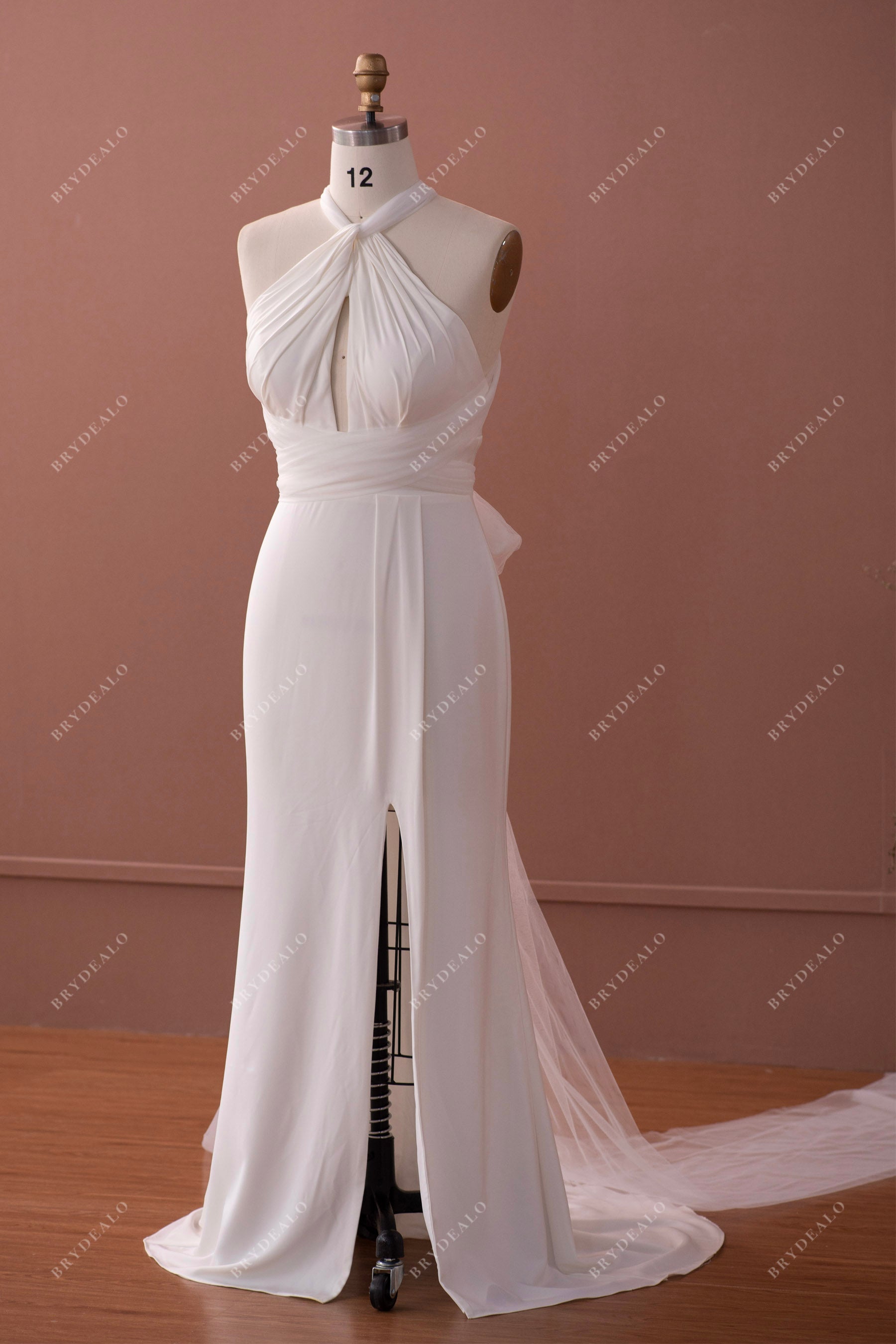 halter neck keyhole bodice slit mermaid wedding gown