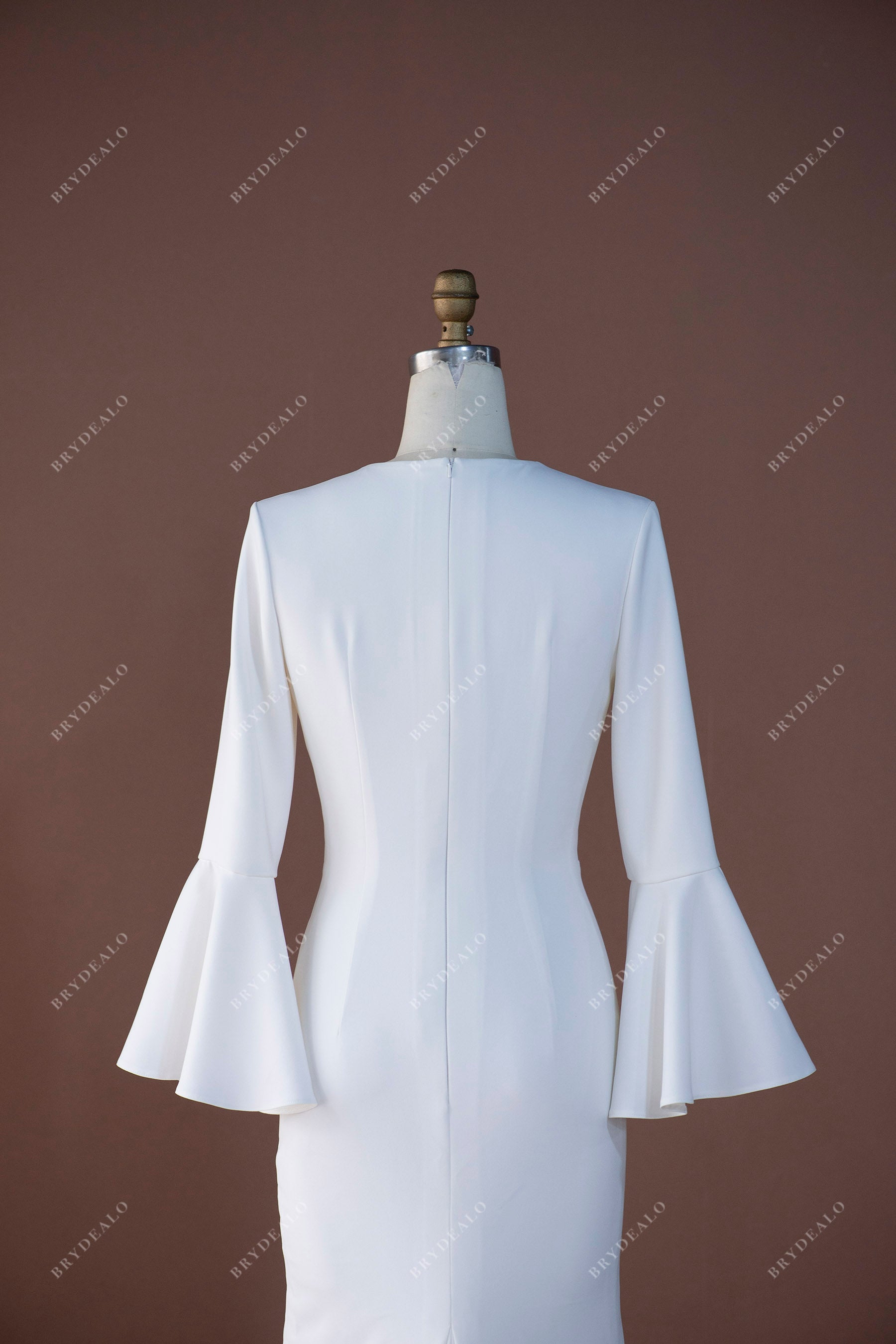 Crepe Fit Flare Wedding Dress V Neck Bell Sleeves Front Slit