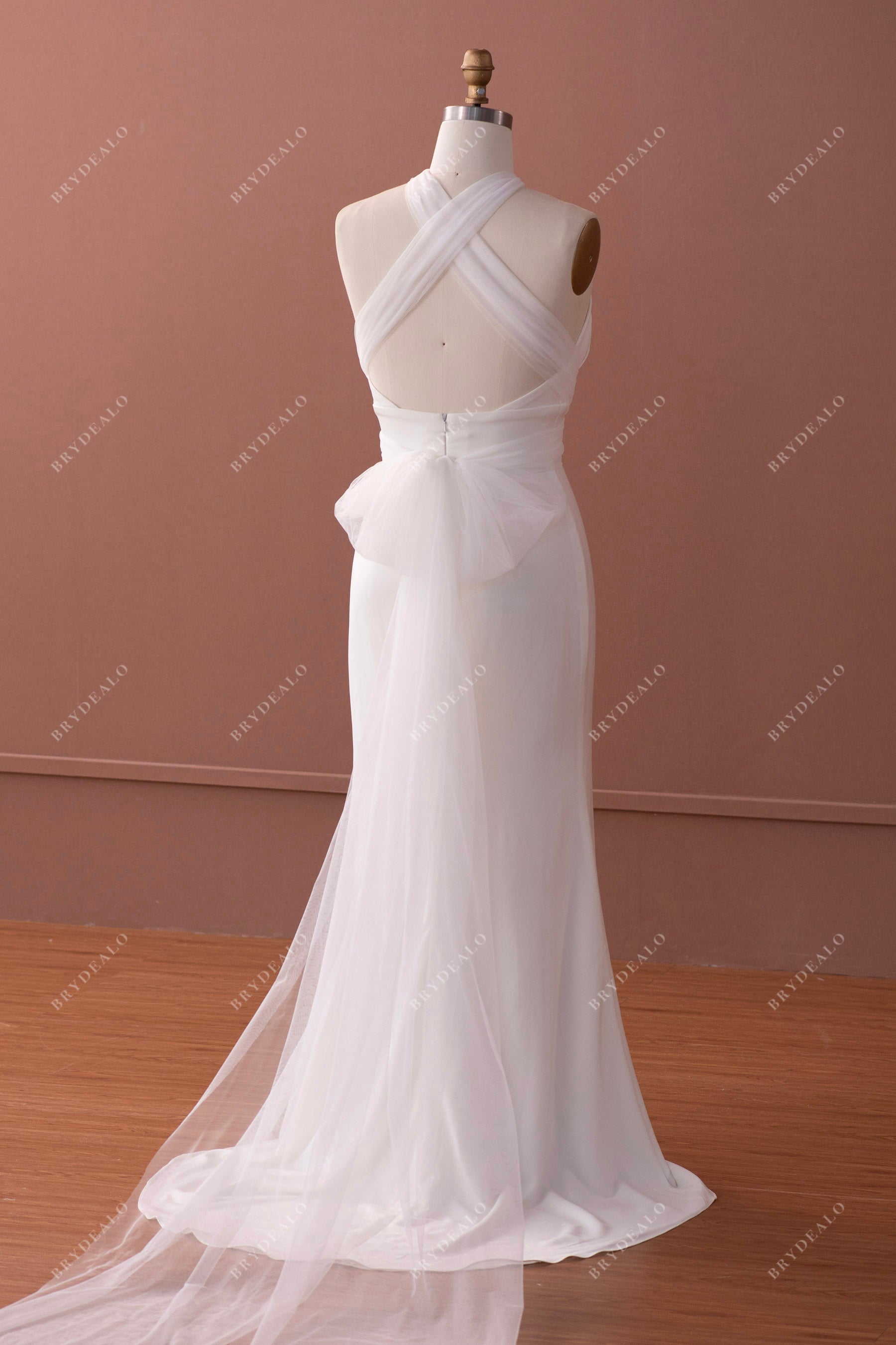 crisscross back mermaid wedding dress with long sash