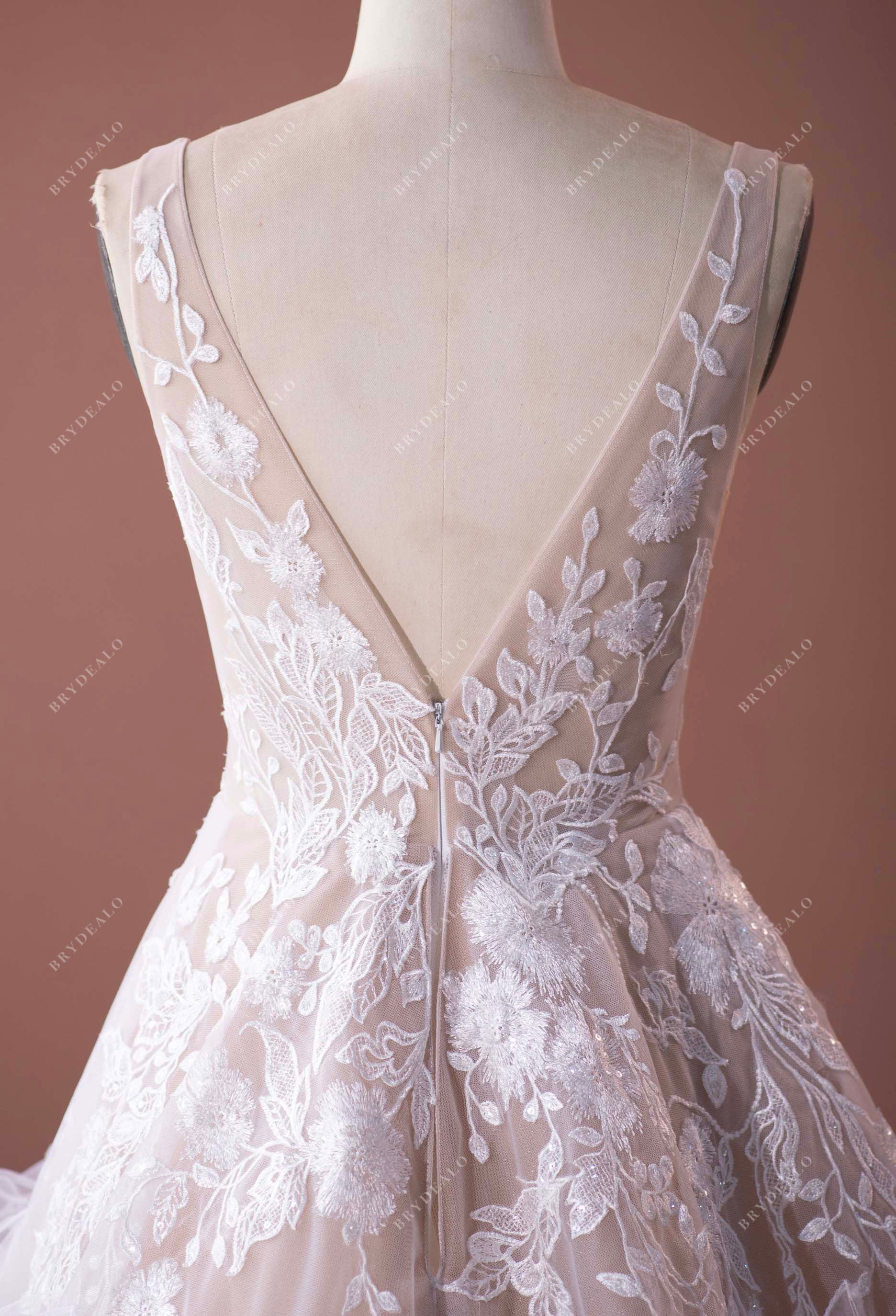 V-back illusion flower lace bridal dress sample sale online