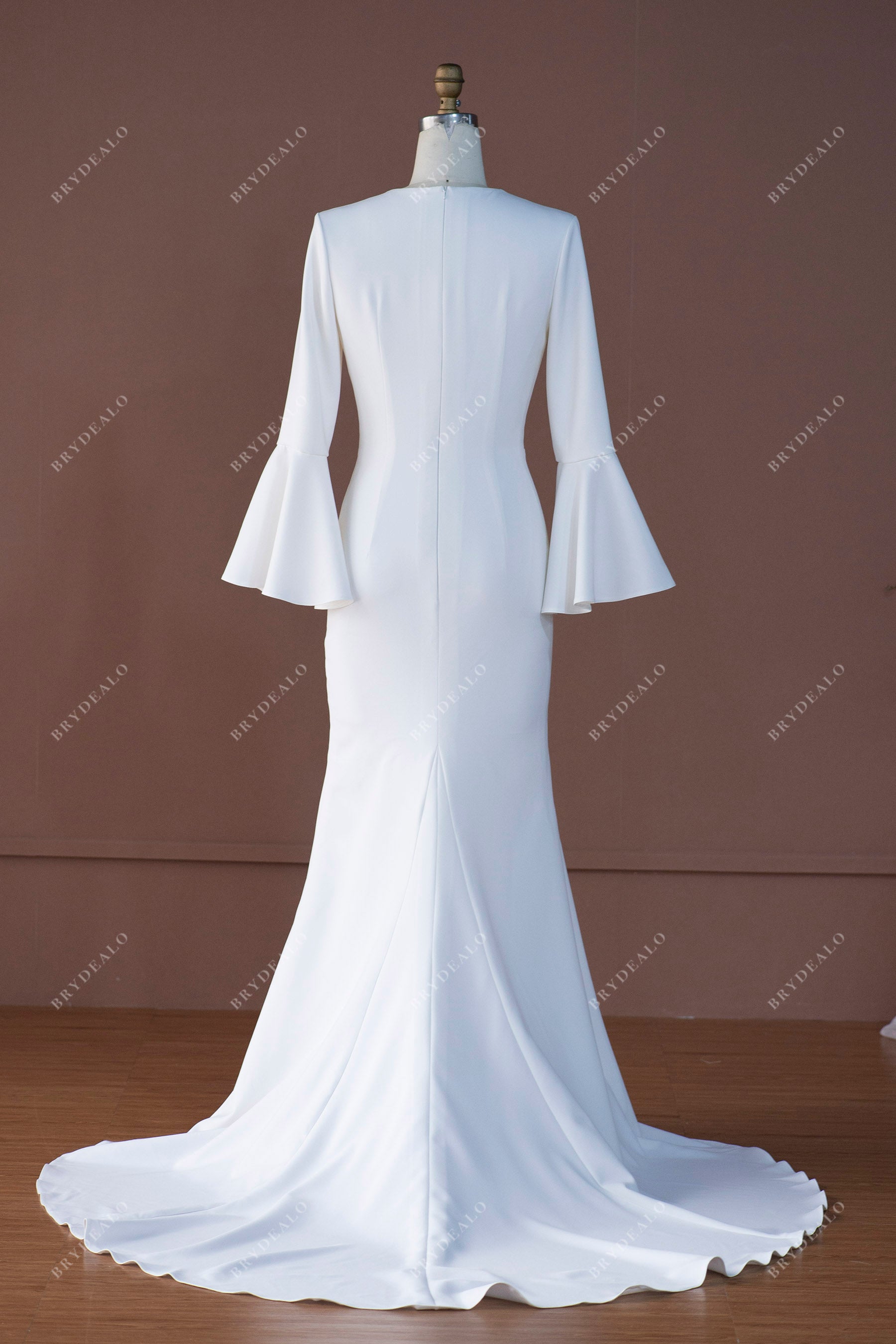 Crepe Fit Flare Wedding Dress V Neck Bell Sleeves Front Slit