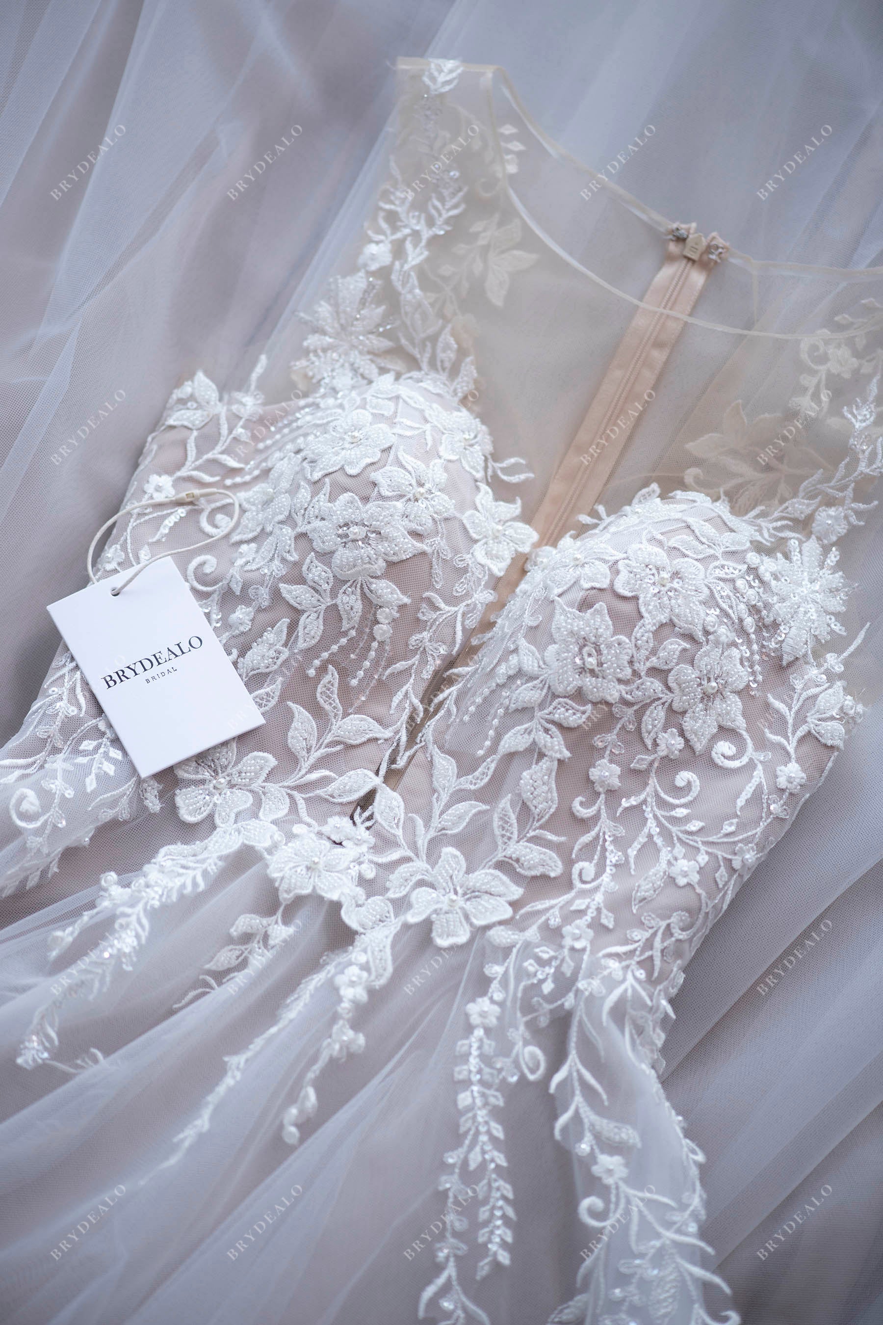 Romantic Beaded Lace Illusion A-line Bridal Dress for wholesale