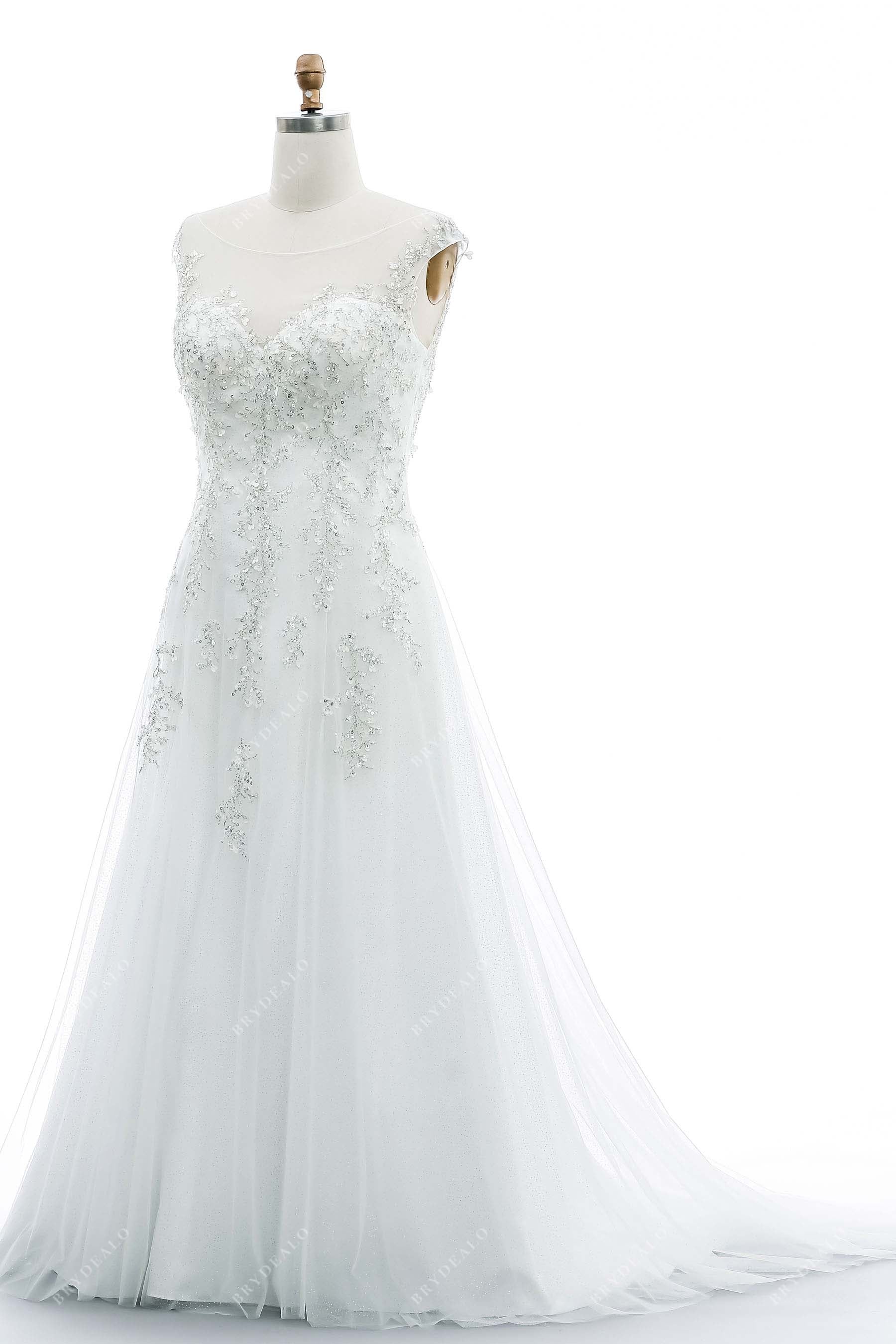 A-line beaded lace sheer sleeves wedding dress