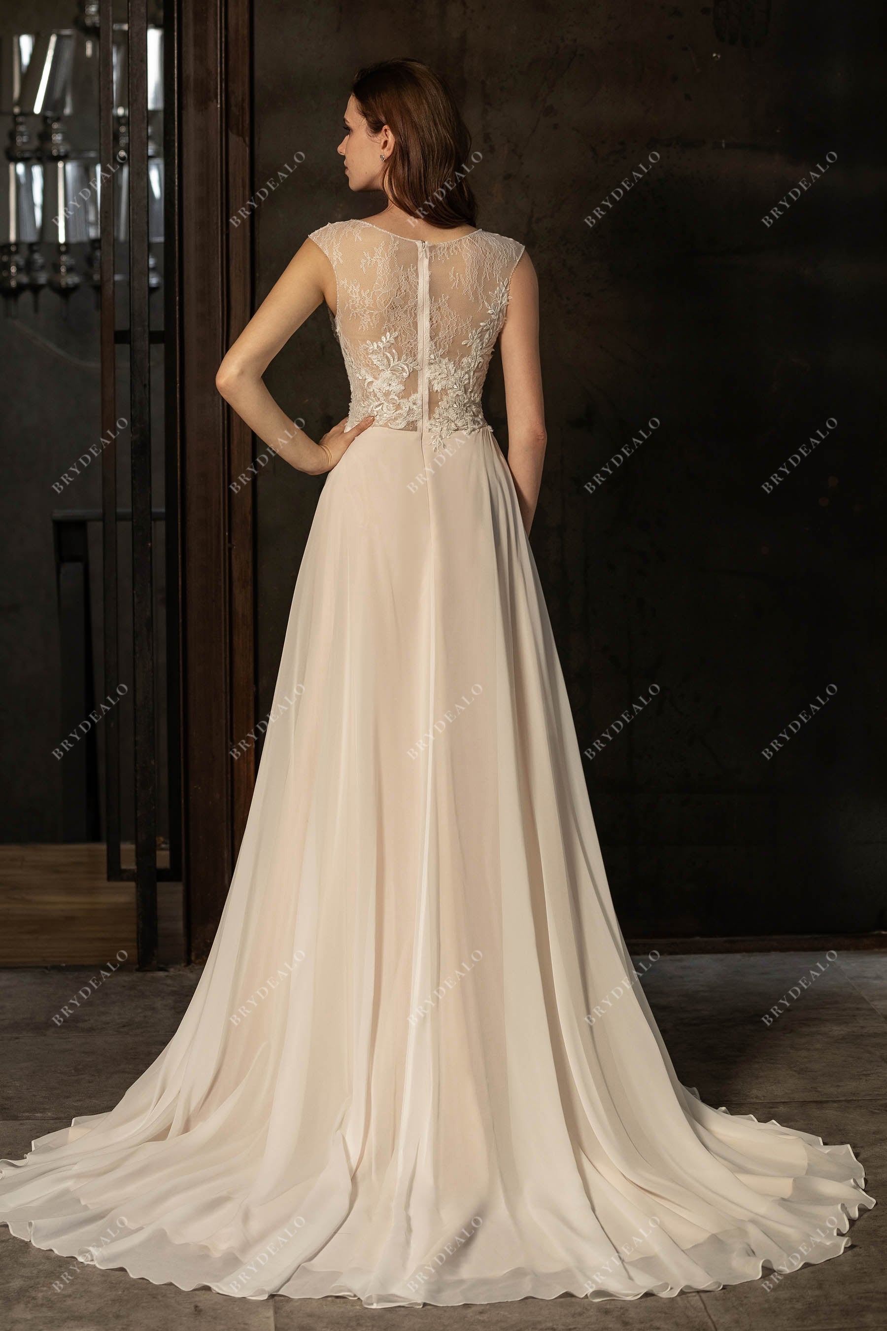 A-line Chiffon Illusion Lace Back Wedding Dress