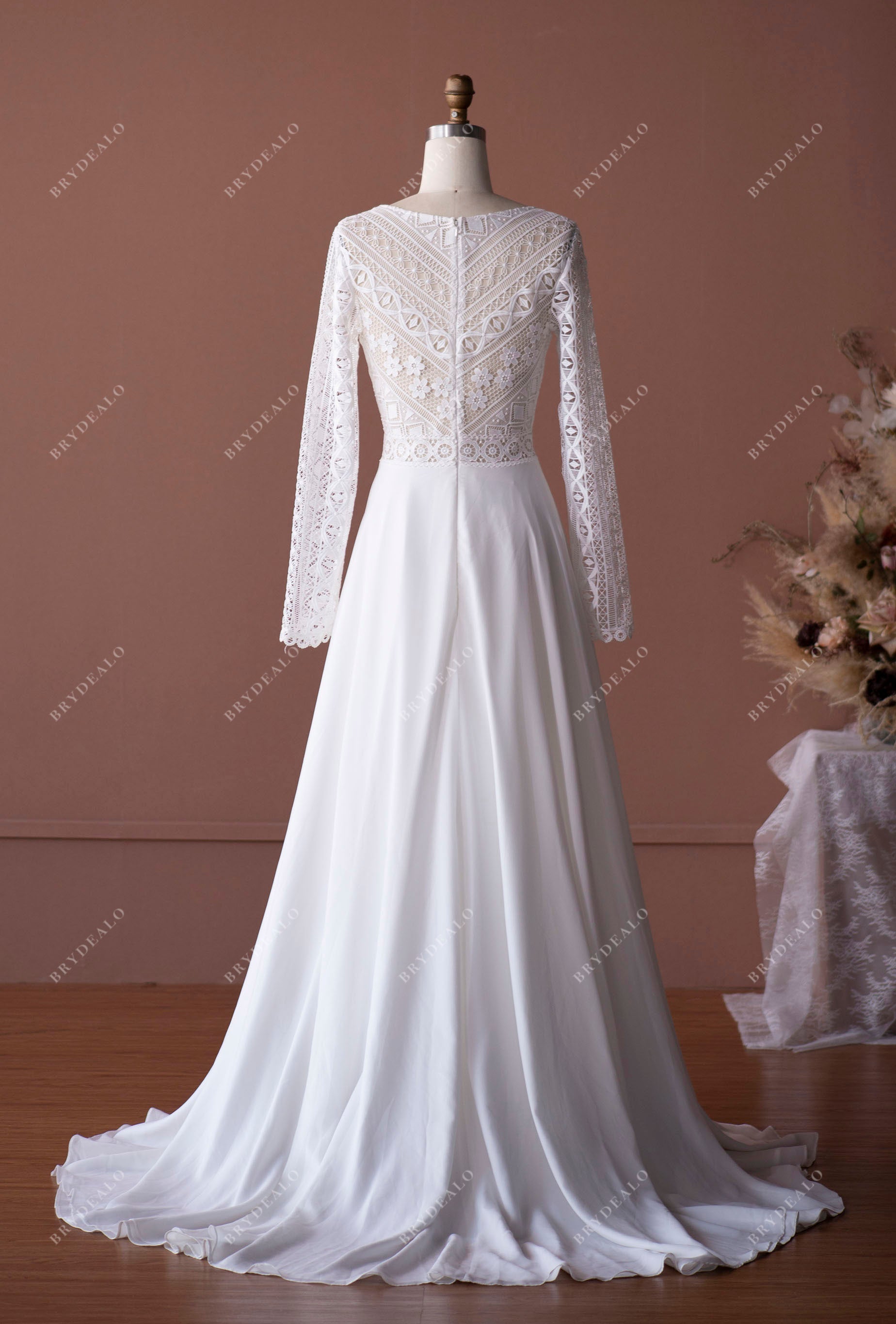 Sleeved Plunging Illusion Back Slim A-line Boho Wedding Dress Sample 
