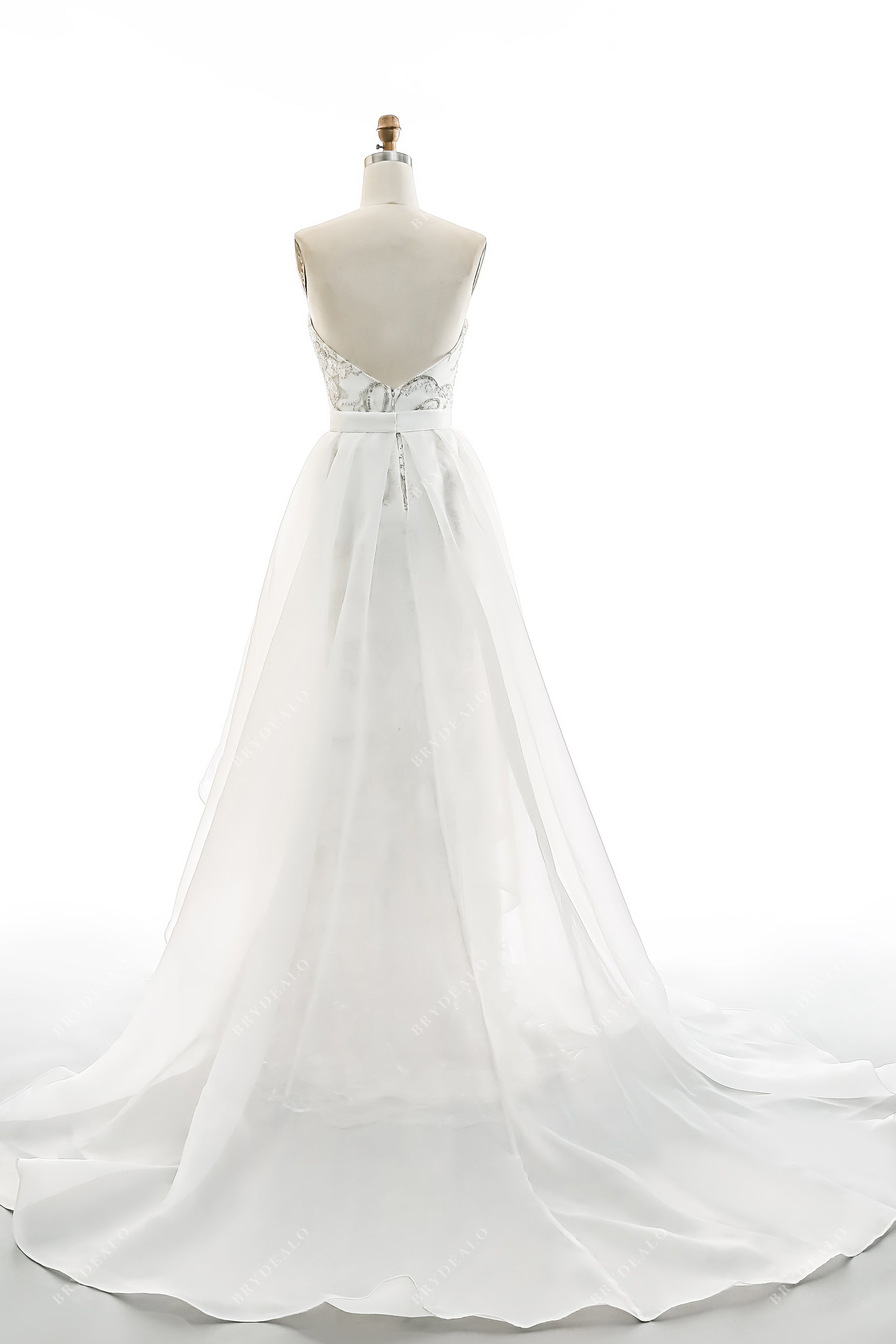 A-line organza overskirt beaded lace strapless bridal gown