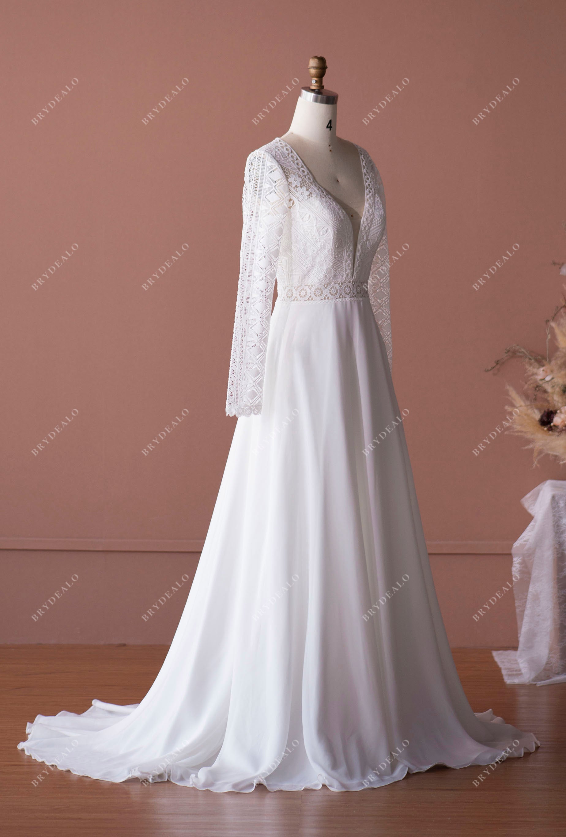Simple Sleeved Plunging Slim Wedding Dress