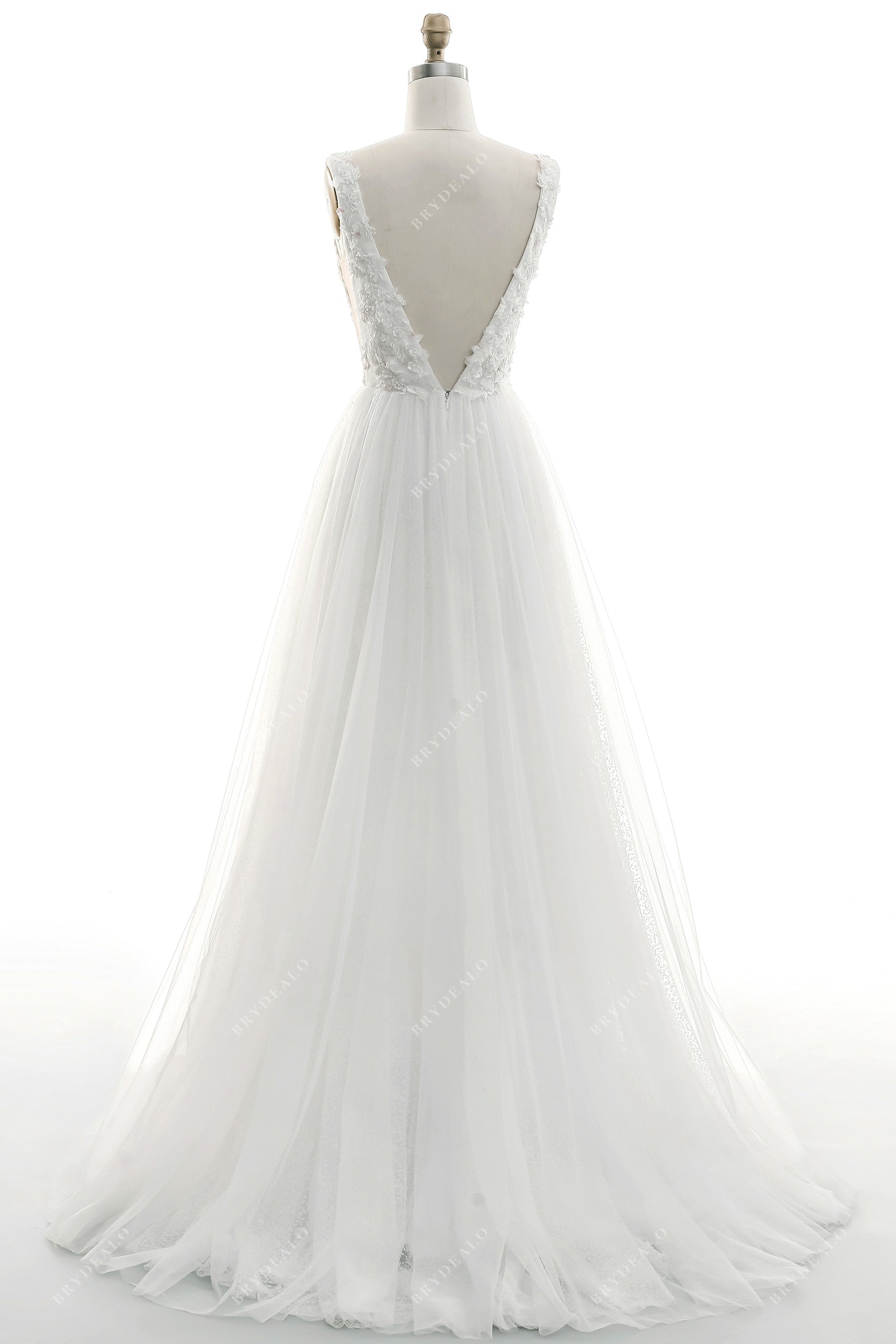 A-line tulle lightweight sleeveless lace bridal dress