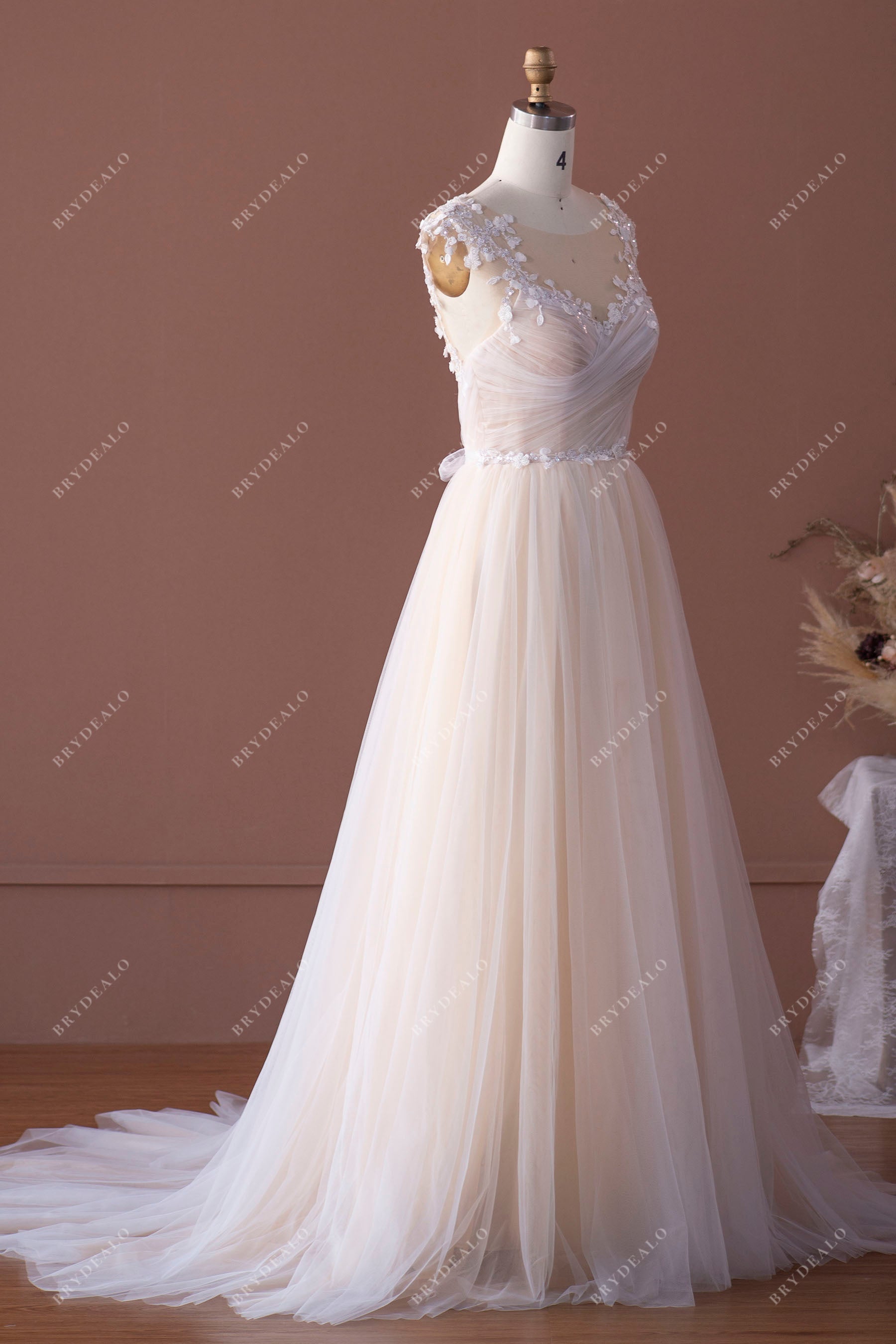 A-line cap sleeve lace tulle bridal gown