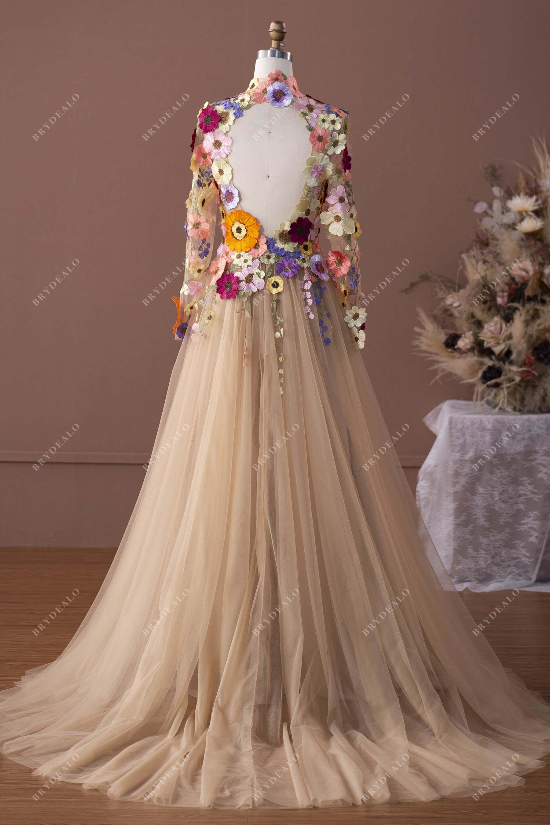 A-line champagne tulle flower lace long sleeved bridal dress